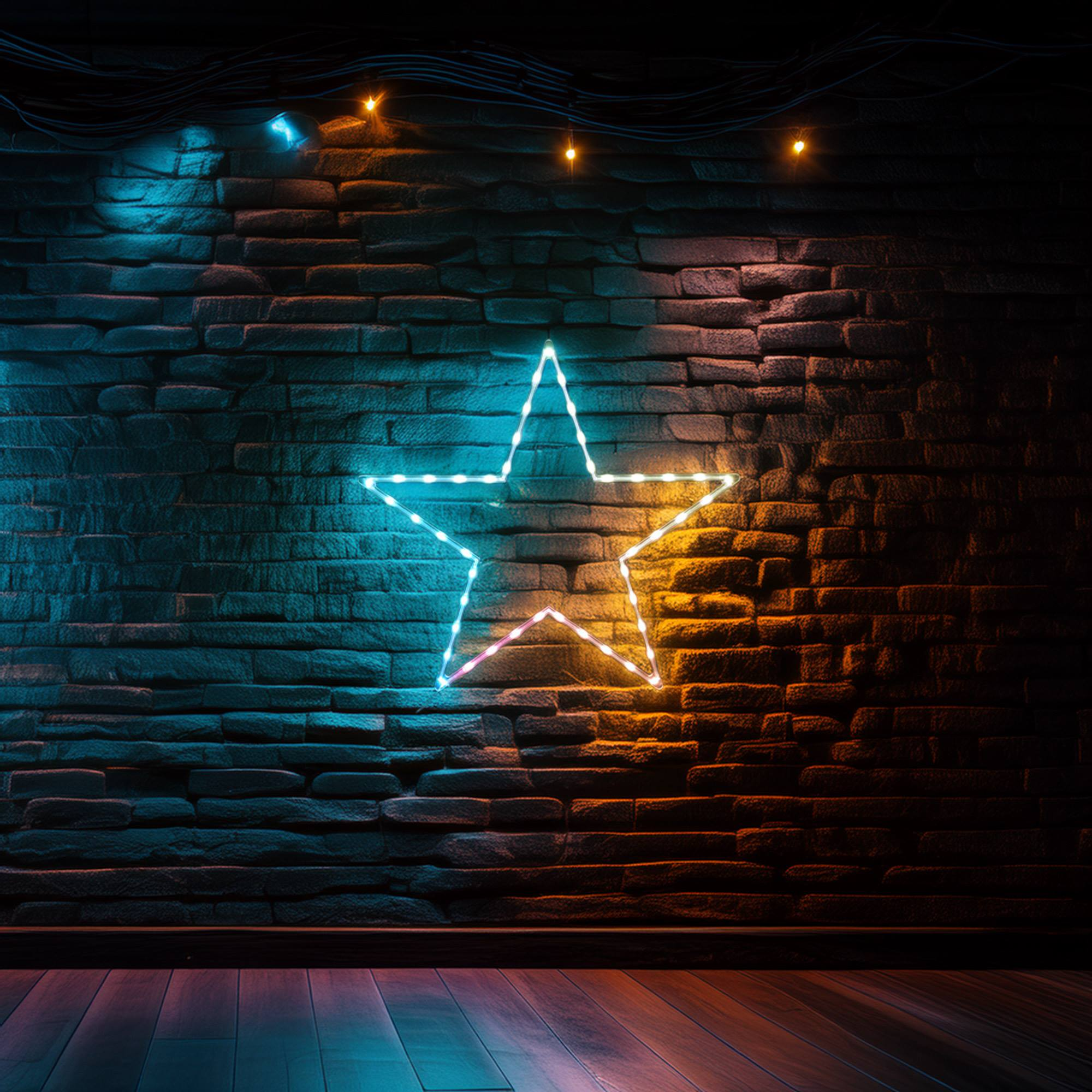 Una estrella de neón en una pared de ladrillo, iluminada con tonos azules y naranjas. Suelo de madera delante y cables arriba.