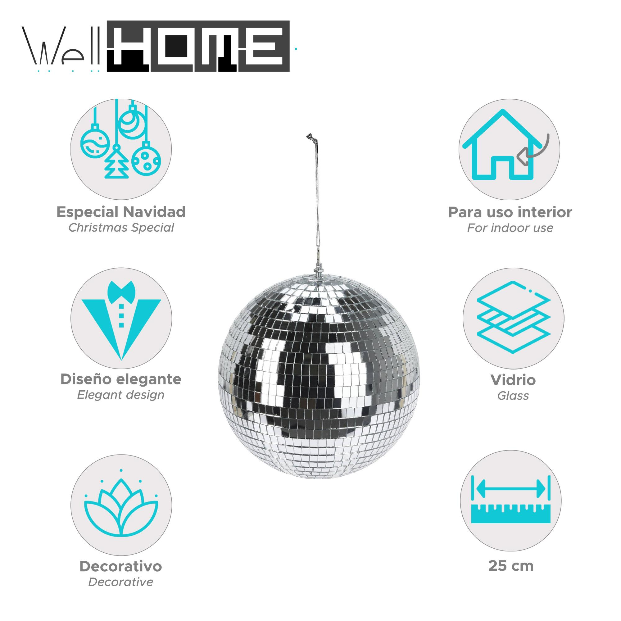 Una bola de discoteca colgando en el centro. Alrededor, etiquetas describen características: especial de Navidad, diseño elegante, decorativo, vidrio, 25 cm.