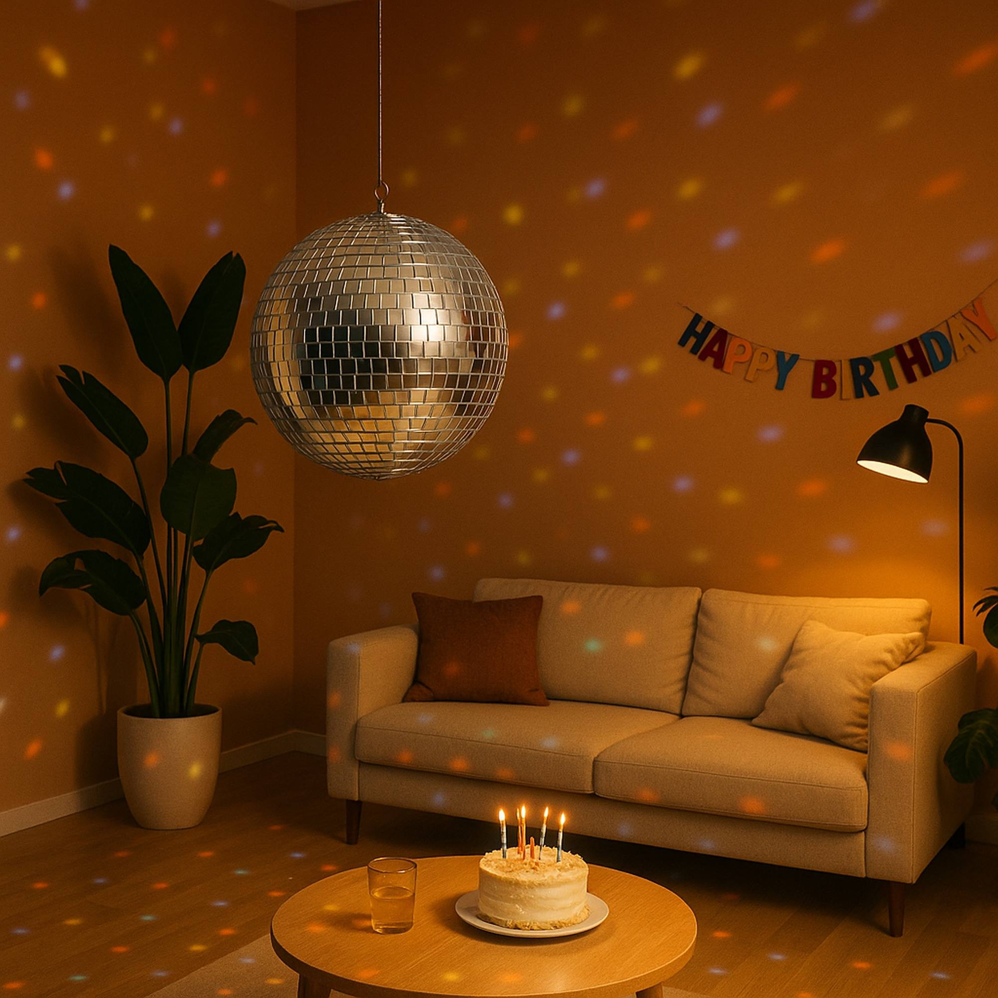 Escena de cumpleaños con bola de discoteca, pastel, sofá y luces de colores. Una pancarta de 'Feliz Cumpleaños' cuelga.