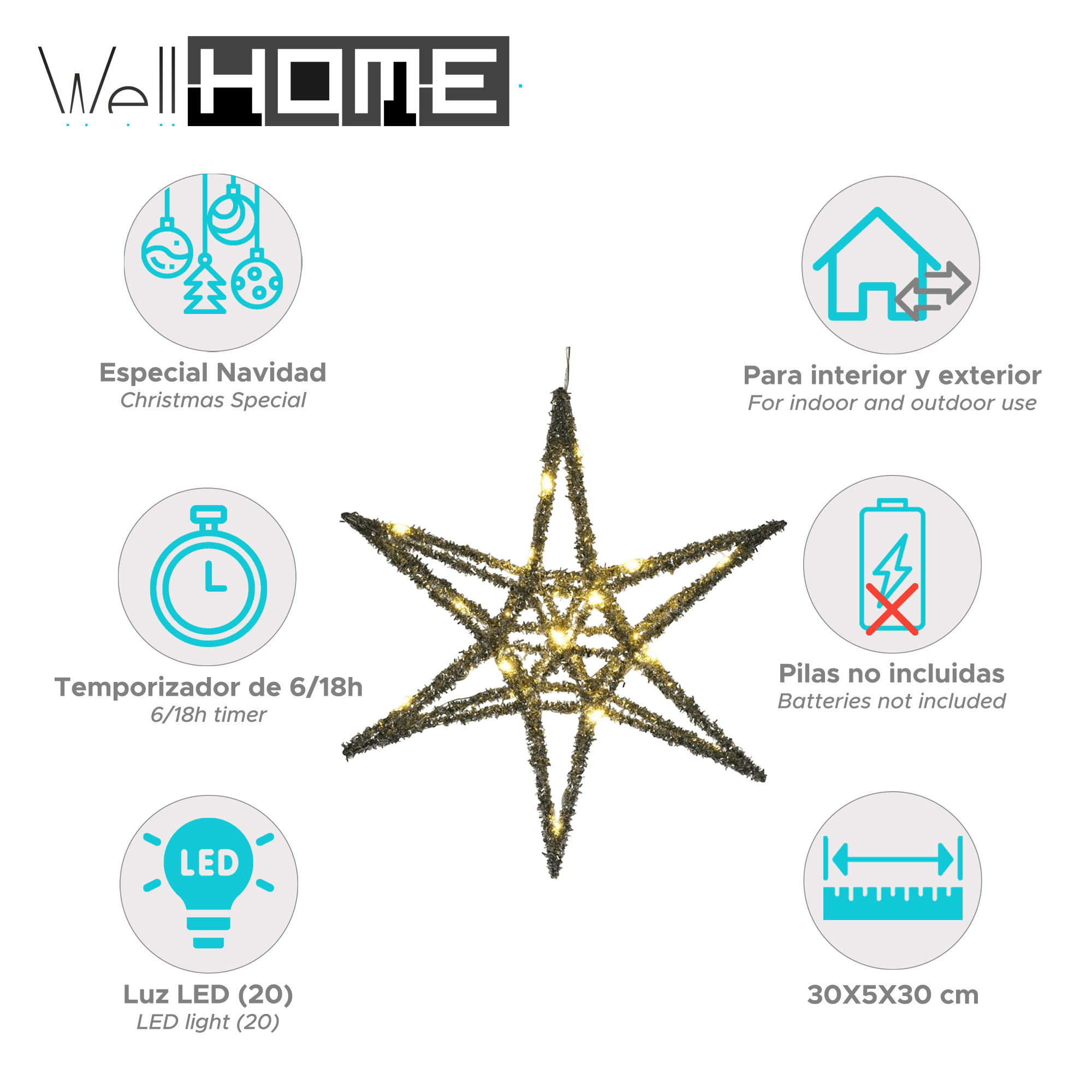 Una decoración navideña en forma de estrella con etiquetas de texto. Es dorado con luces y dice: Especial de Navidad, temporizador de 6/18h, luz LED.