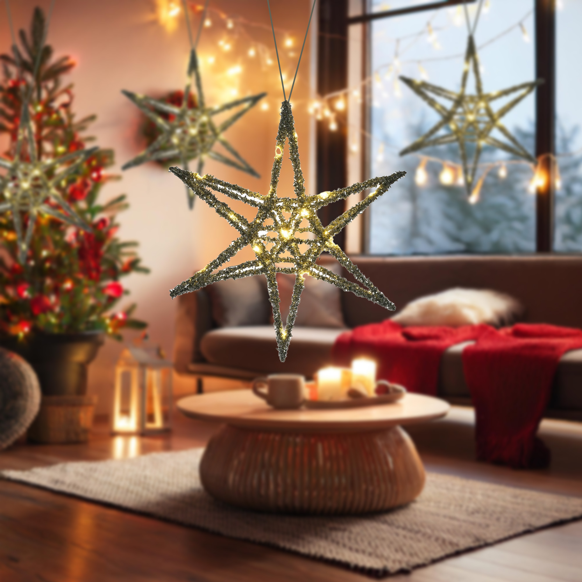 Salón con decoraciones de estrellas colgantes. Se ven un árbol de Navidad, mesa de café con velas y un sofá.