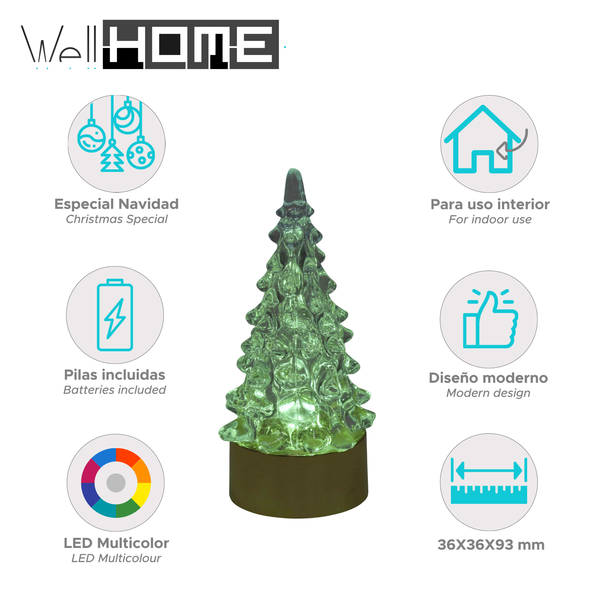Una luz LED verde en forma de árbol de Navidad. Es para uso interior e incluye baterías. Diseño moderno y LED multicolor.