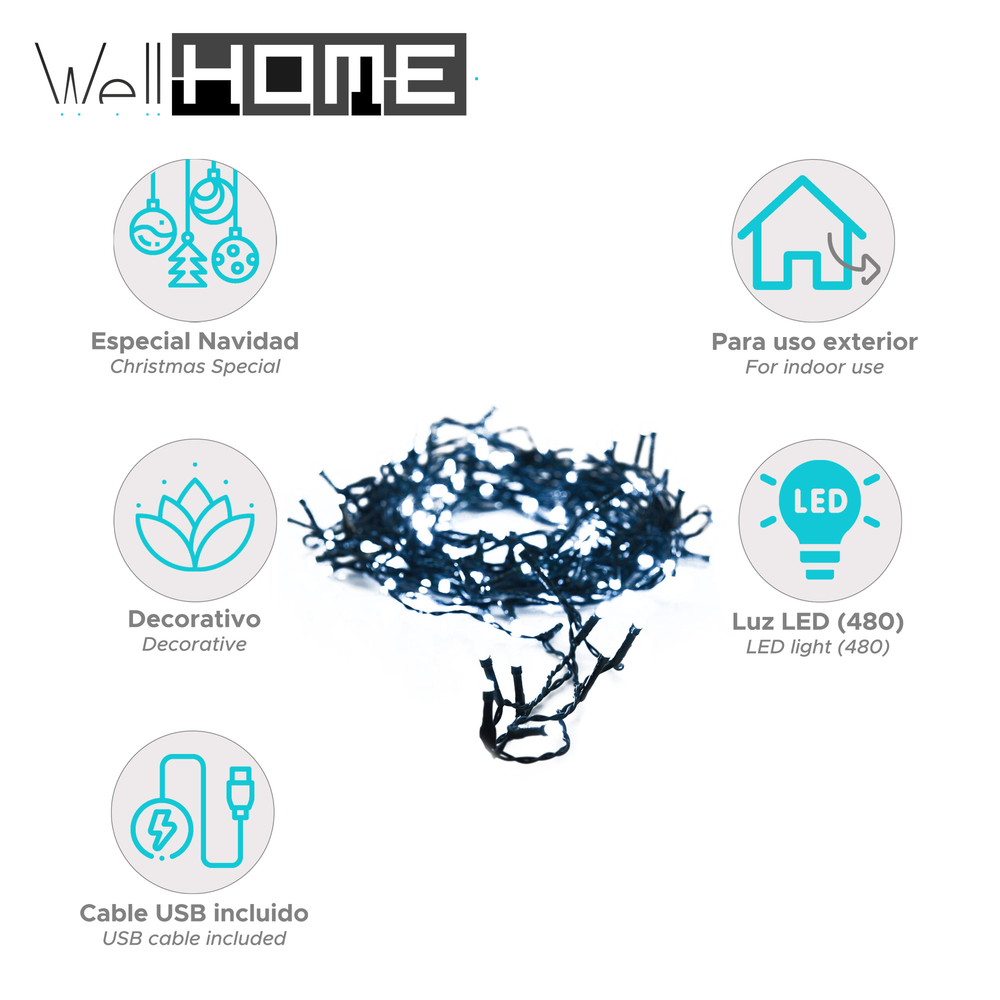 La imagen muestra luces navideñas, detalles del producto e iconos. El texto incluye 'Well HOME', 'Christmas Special' y 'LED light'.