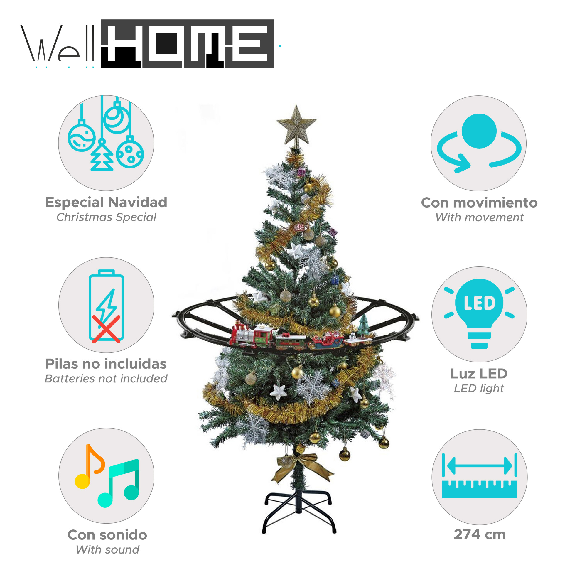 Un árbol de Navidad con estrella, tren y adornos. También tiene luces y reproduce música.