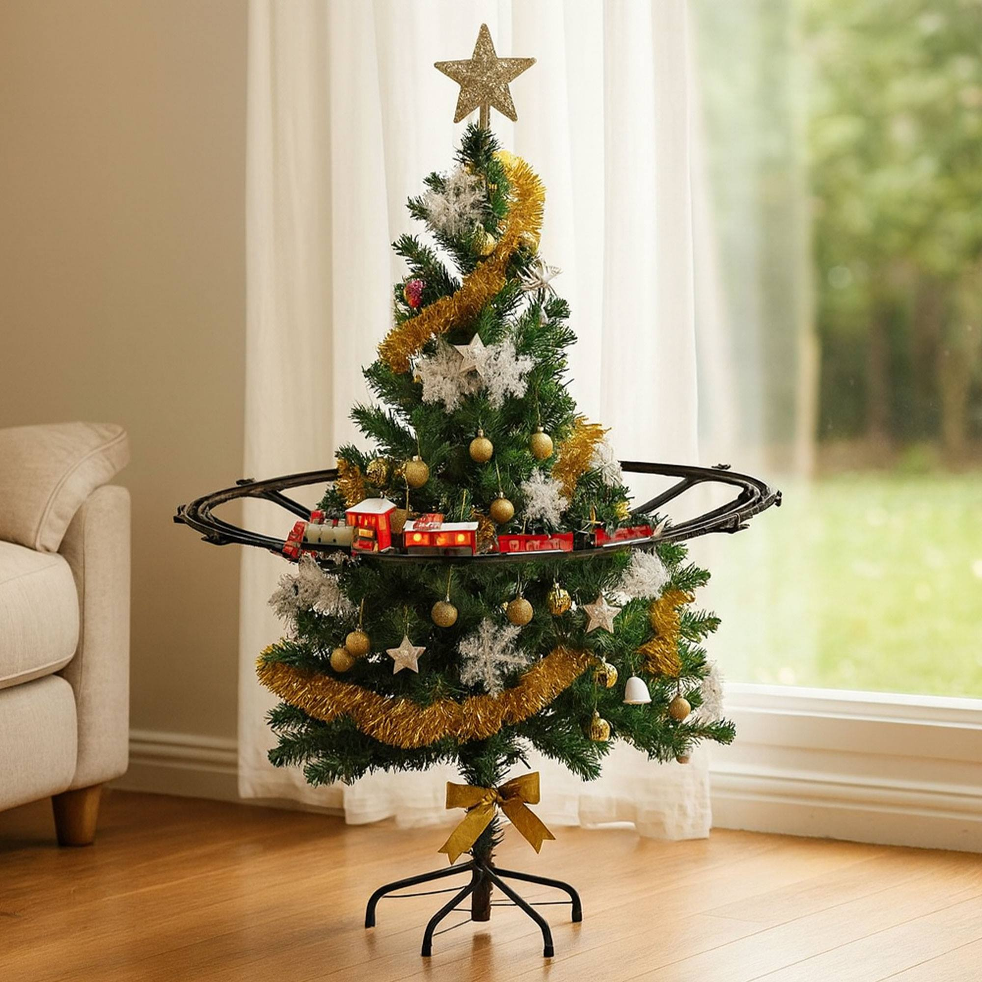 Un árbol de Navidad decorado con un tren que lo rodea. Una estrella dorada en la parte superior, adornos y guirnaldas doradas.