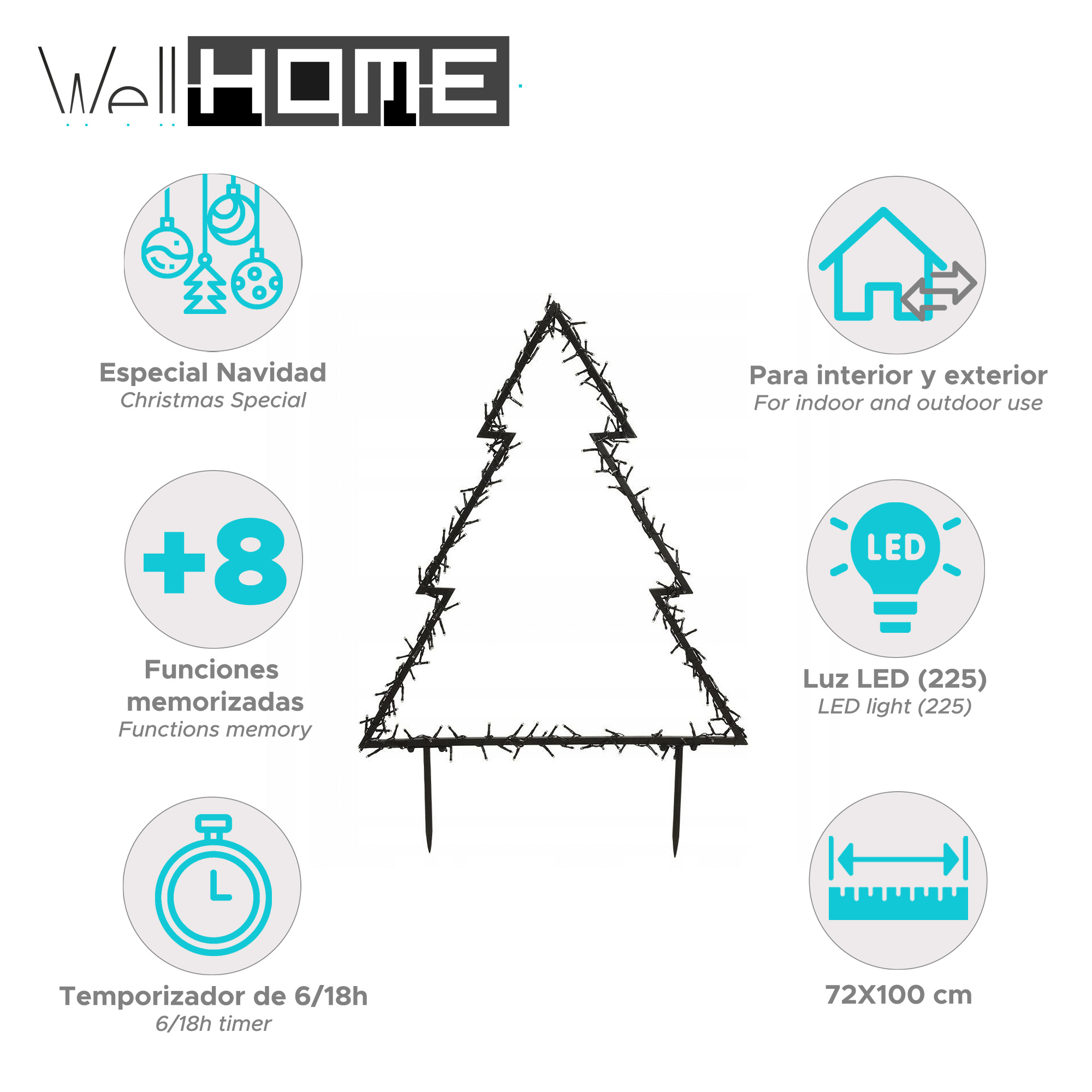 Luces LED en forma de árbol de Navidad con iconos: uso interior/exterior, temporizador, funciones de memoria y detalles de tamaño. El logo es Well Home.