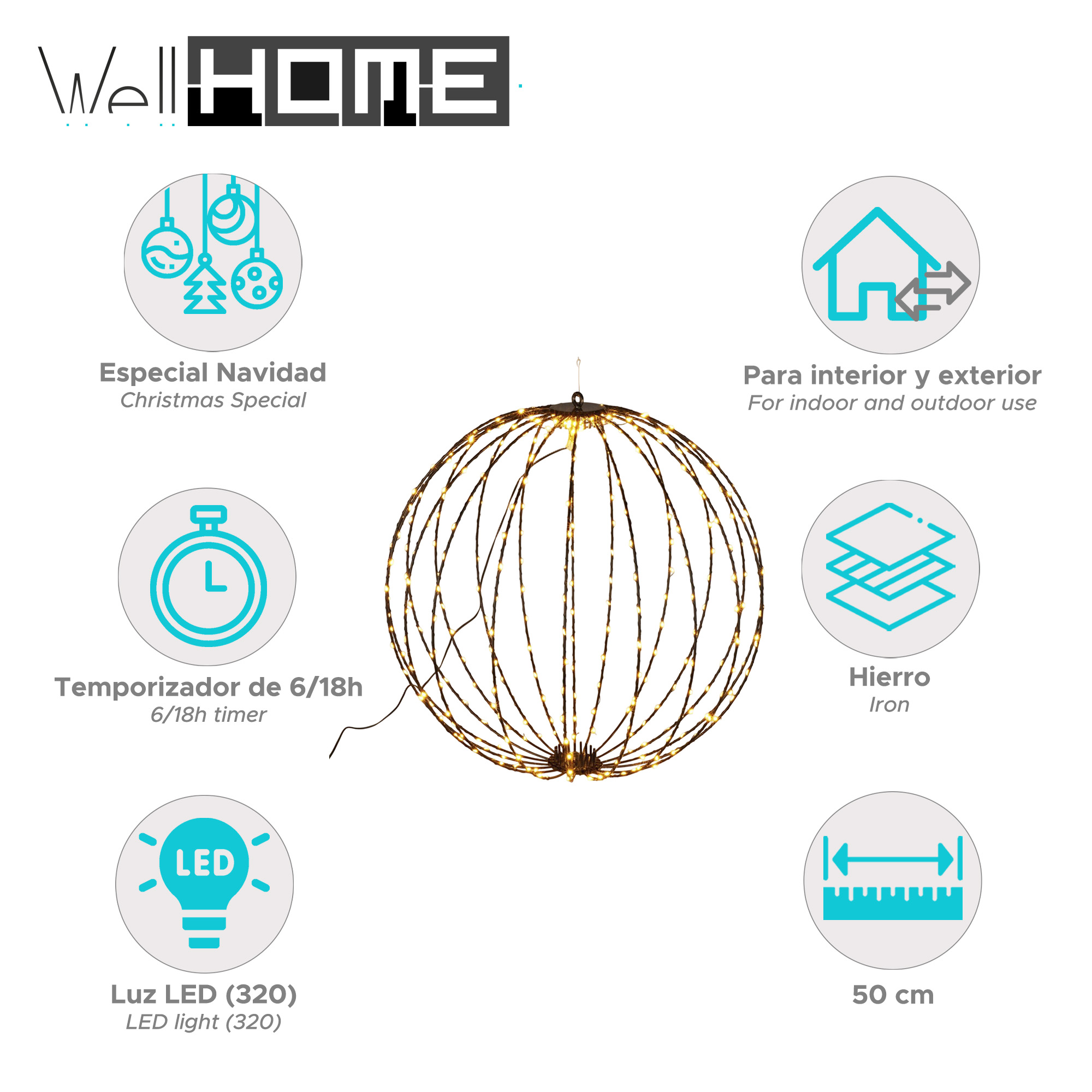 Una esfera de luces navideñas decorativa con luces LED cálidas. Tiene temporizador, es para interior y exterior, y mide 50 cm.
