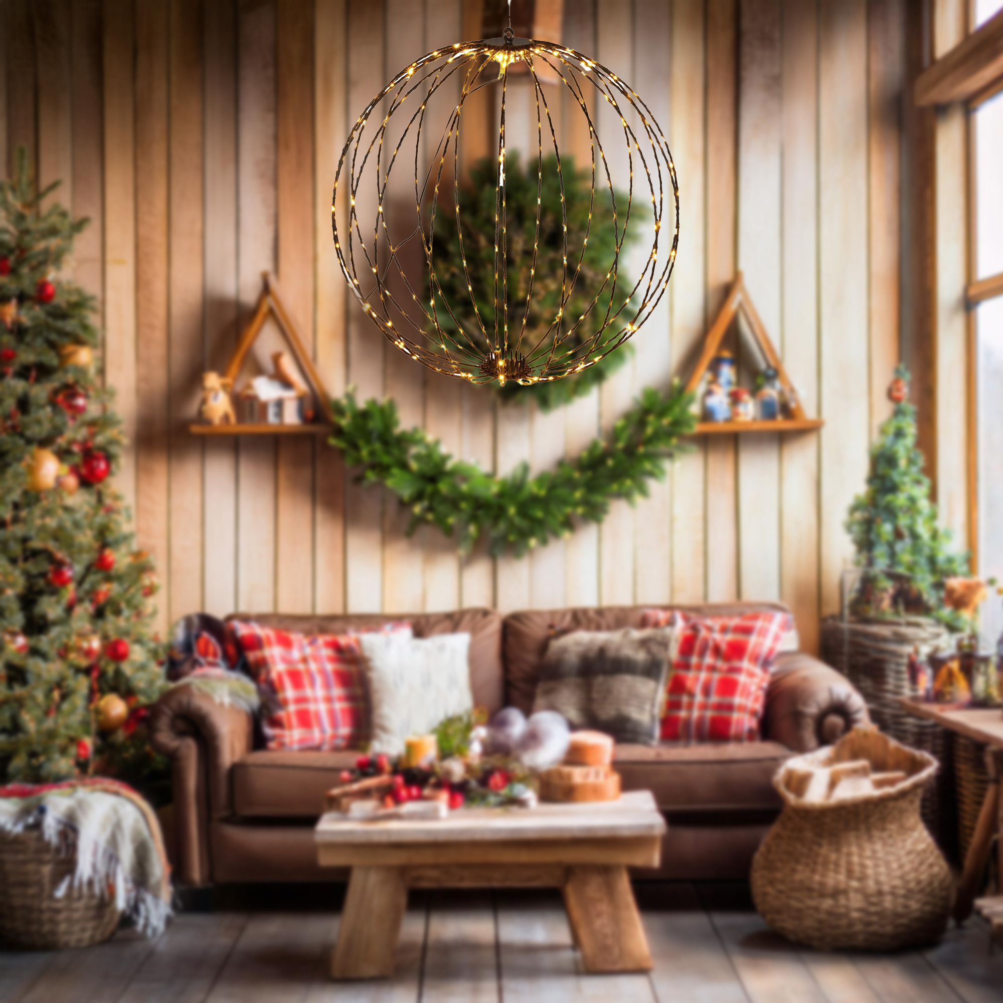 Una acogedora sala de estar navideña con una esfera iluminada, un árbol de Navidad, un sofá con cojines de cuadros y una mesa de madera.