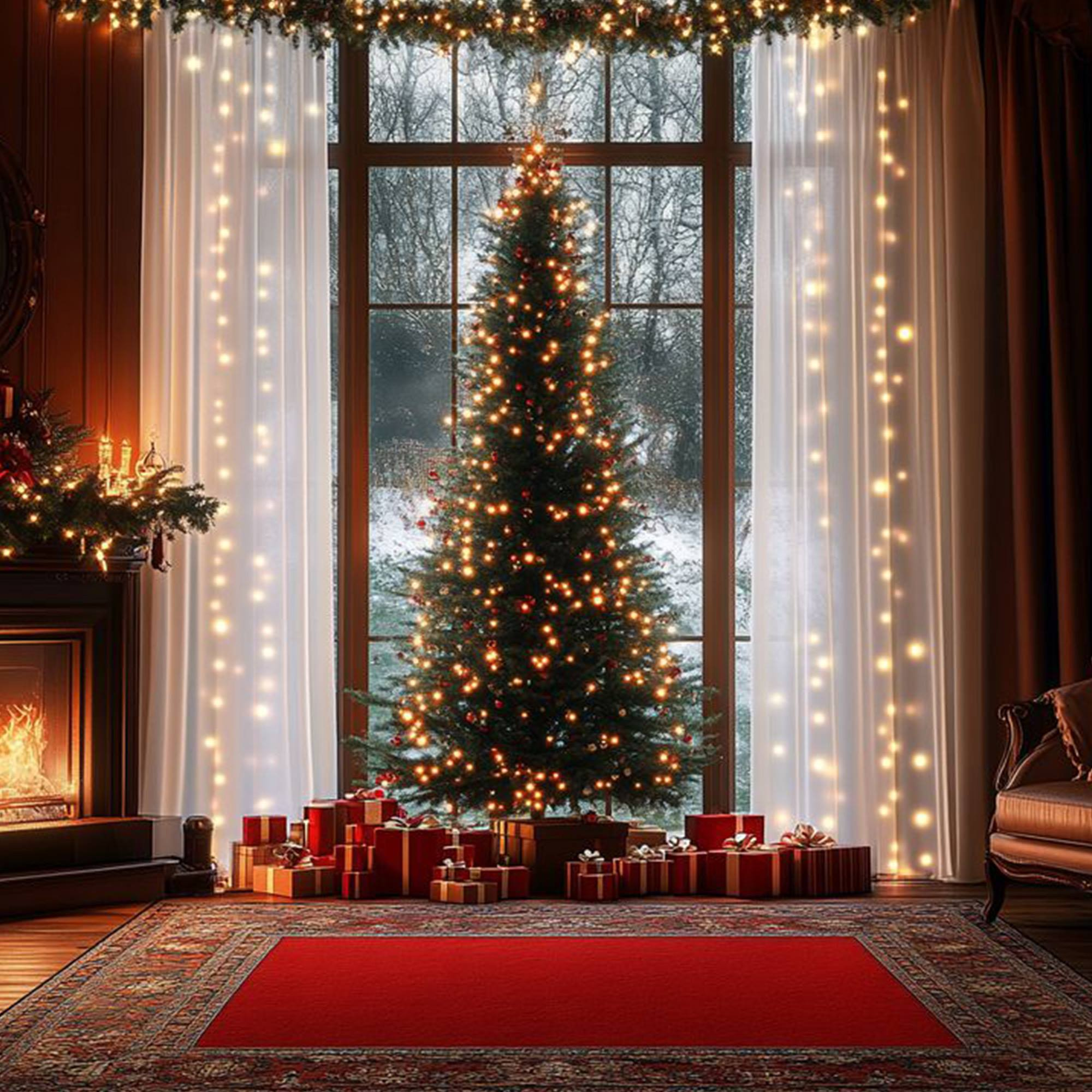Escena navideña con árbol iluminado, regalos, chimenea y alfombra roja. Ventana con nieve. Luces y guirnaldas decoran.