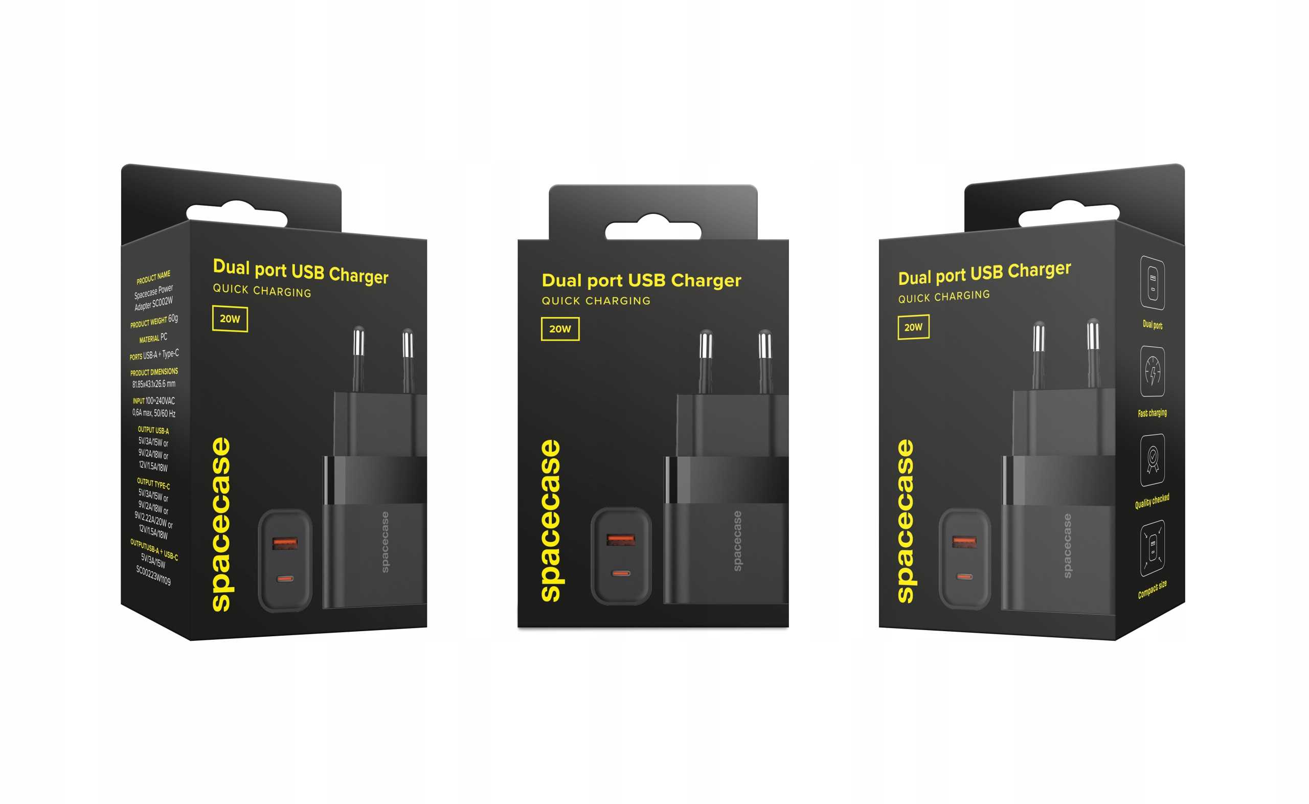 Trzy pudełka ładowarek USB z dwoma portami. Każde pudełko pokazuje ładowarkę i logo Spacecase.