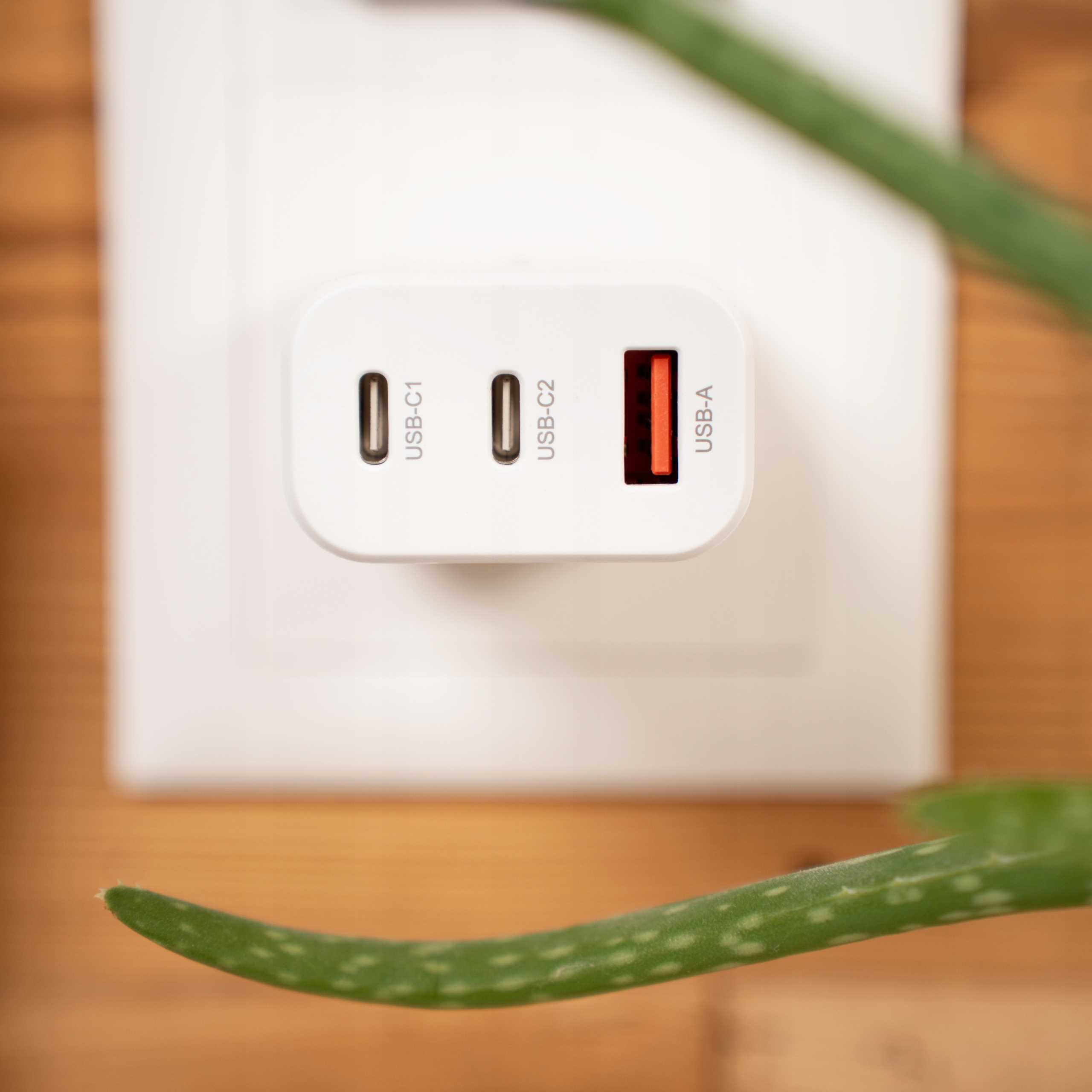 Biała ładowarka USB w gniazdku ściennym. Zielony liść aloesu w tle.
