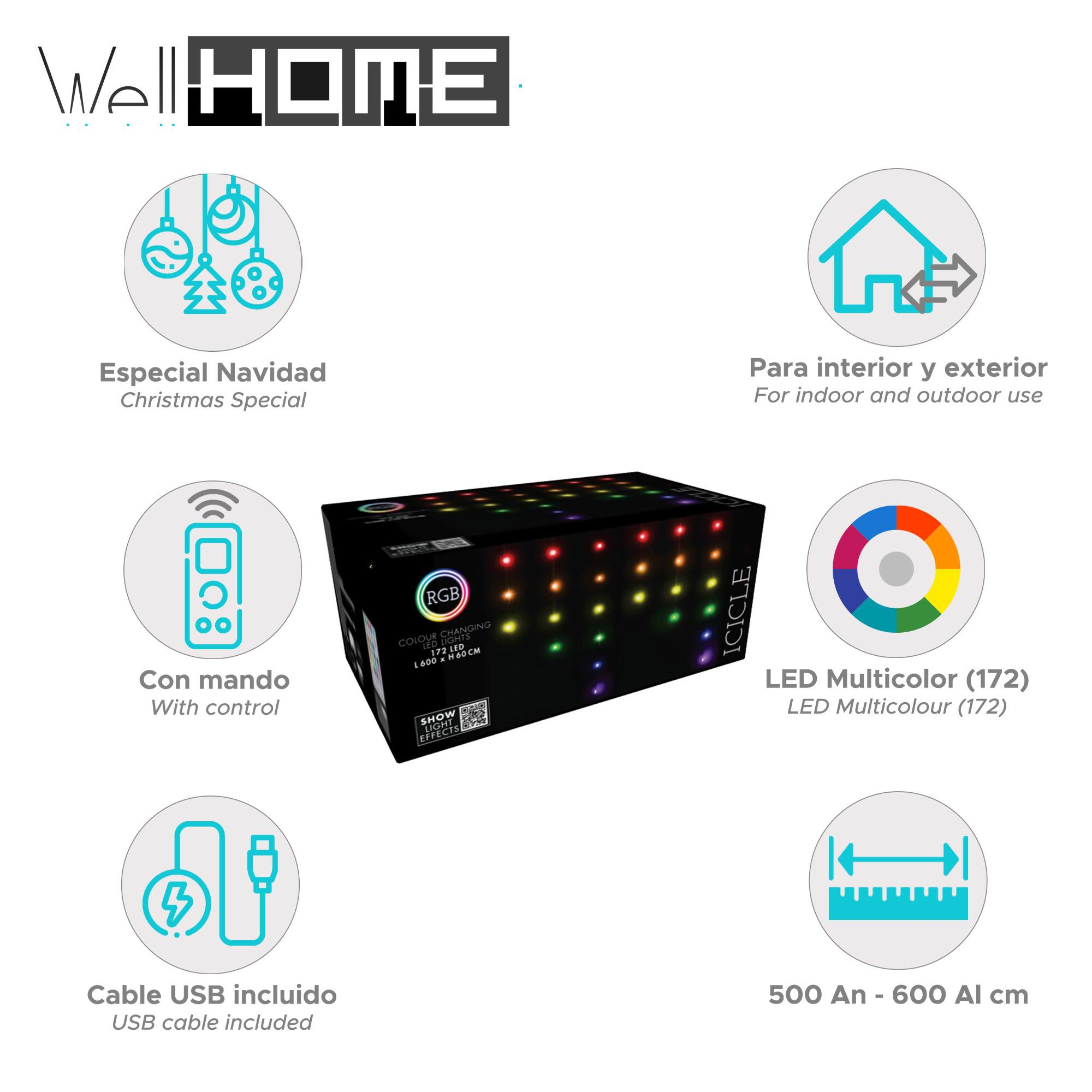 Imagen del producto con caja de luces navideñas, etiquetas e iconos. Incluye el logotipo 'Well Home' y texto en varios idiomas.