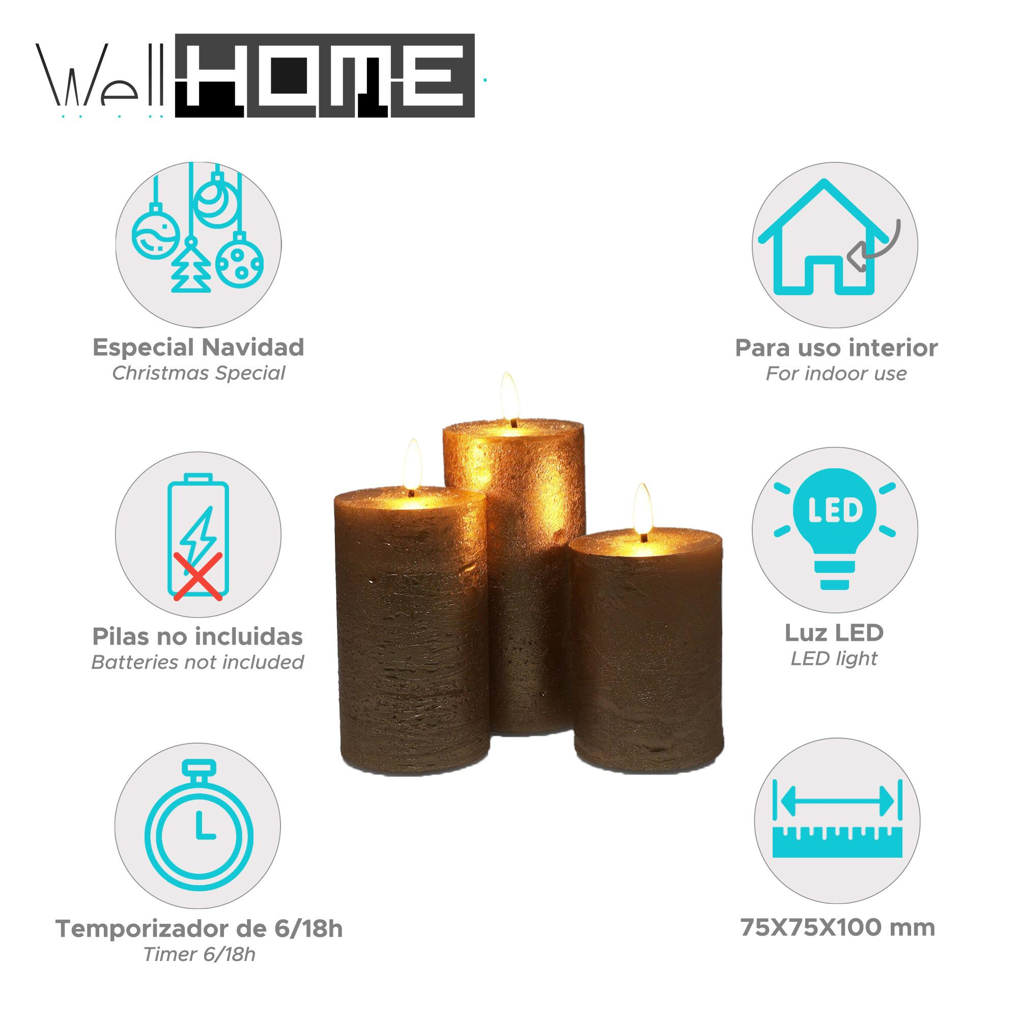 Tres velas cilíndricas marrones con llamas encendidas. La imagen incluye iconos como luz LED y temporizador.