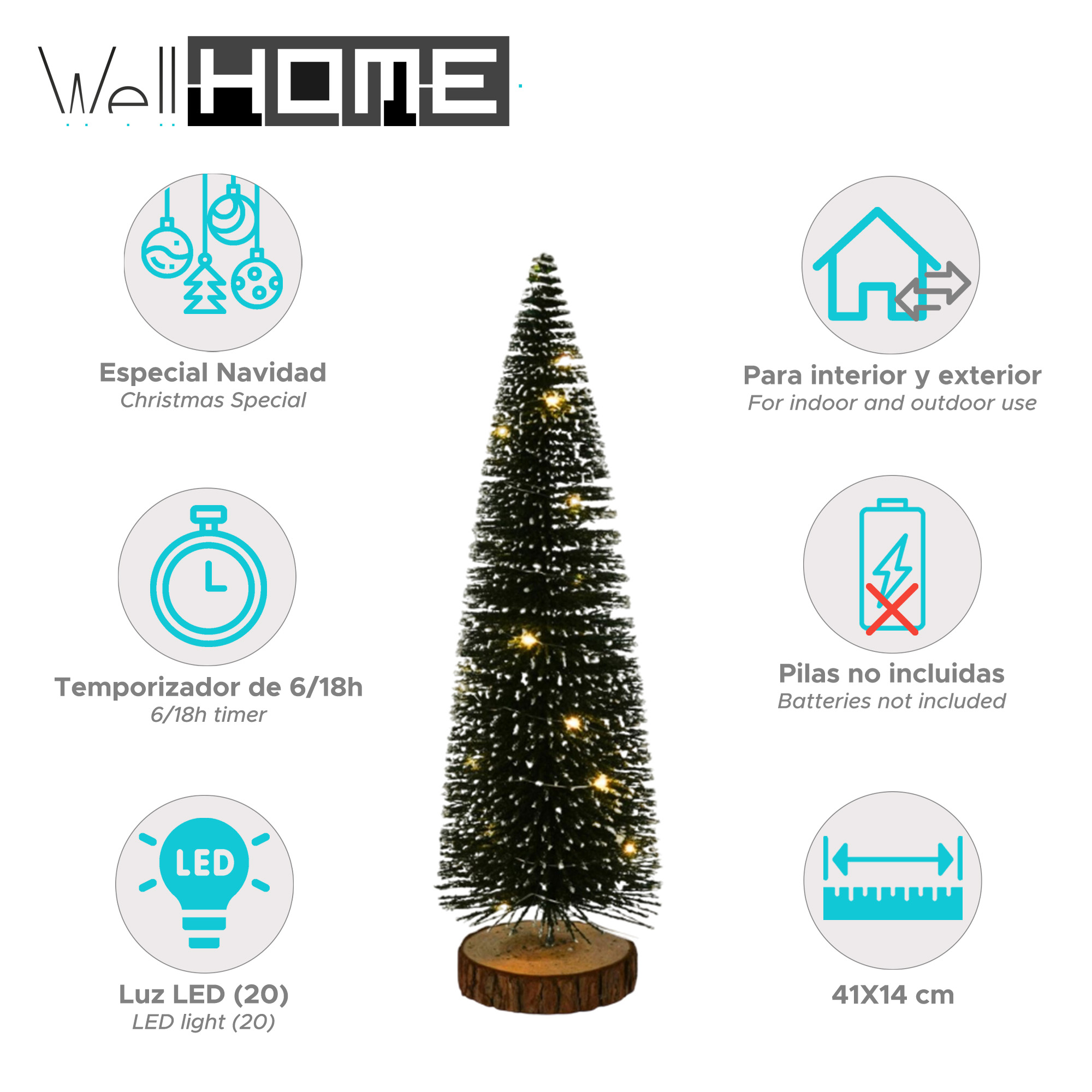 Un pequeño árbol de Navidad con luces, sobre una base de madera. El texto incluye: luz LED, temporizador, baterías no incluidas y dimensiones.