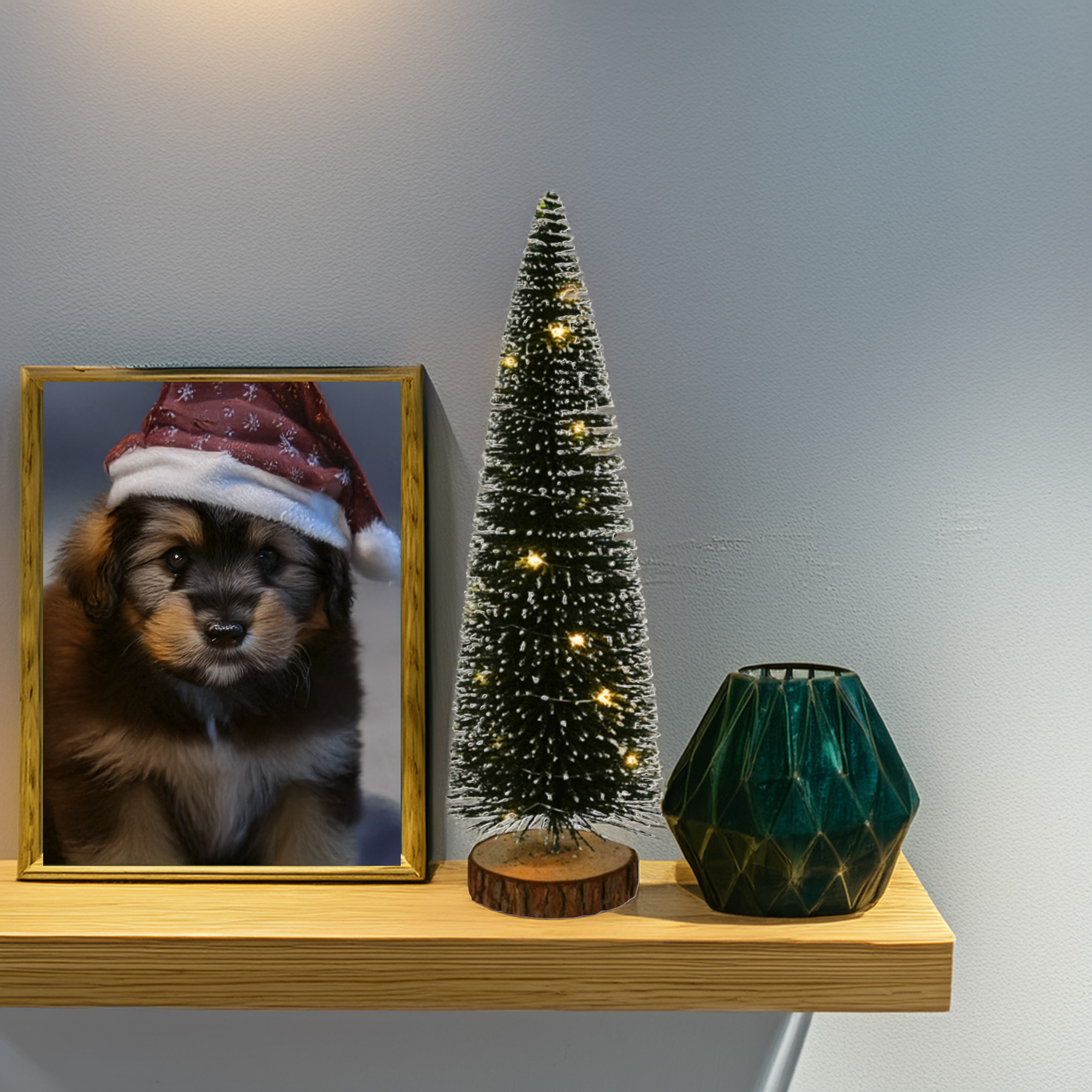 Un estante con una imagen de un cachorro con un gorro de Papá Noel, un arbolito con luces y un jarrón de vidrio verde.