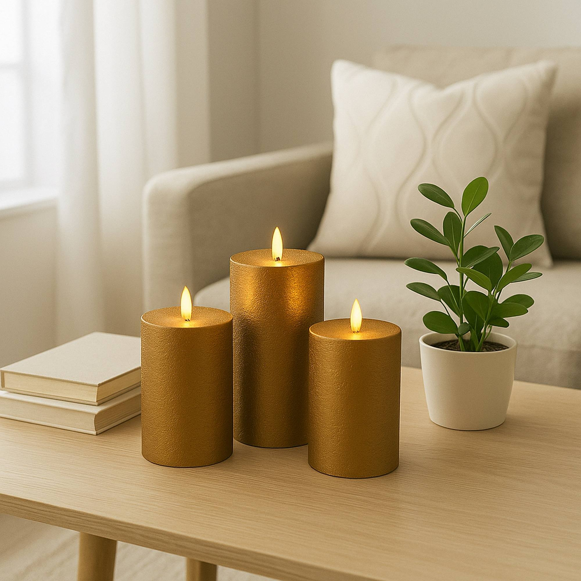 Tres velas doradas con llamas encendidas sobre una mesa de madera, con una planta y libros cerca. Un sofá y una ventana al fondo.
