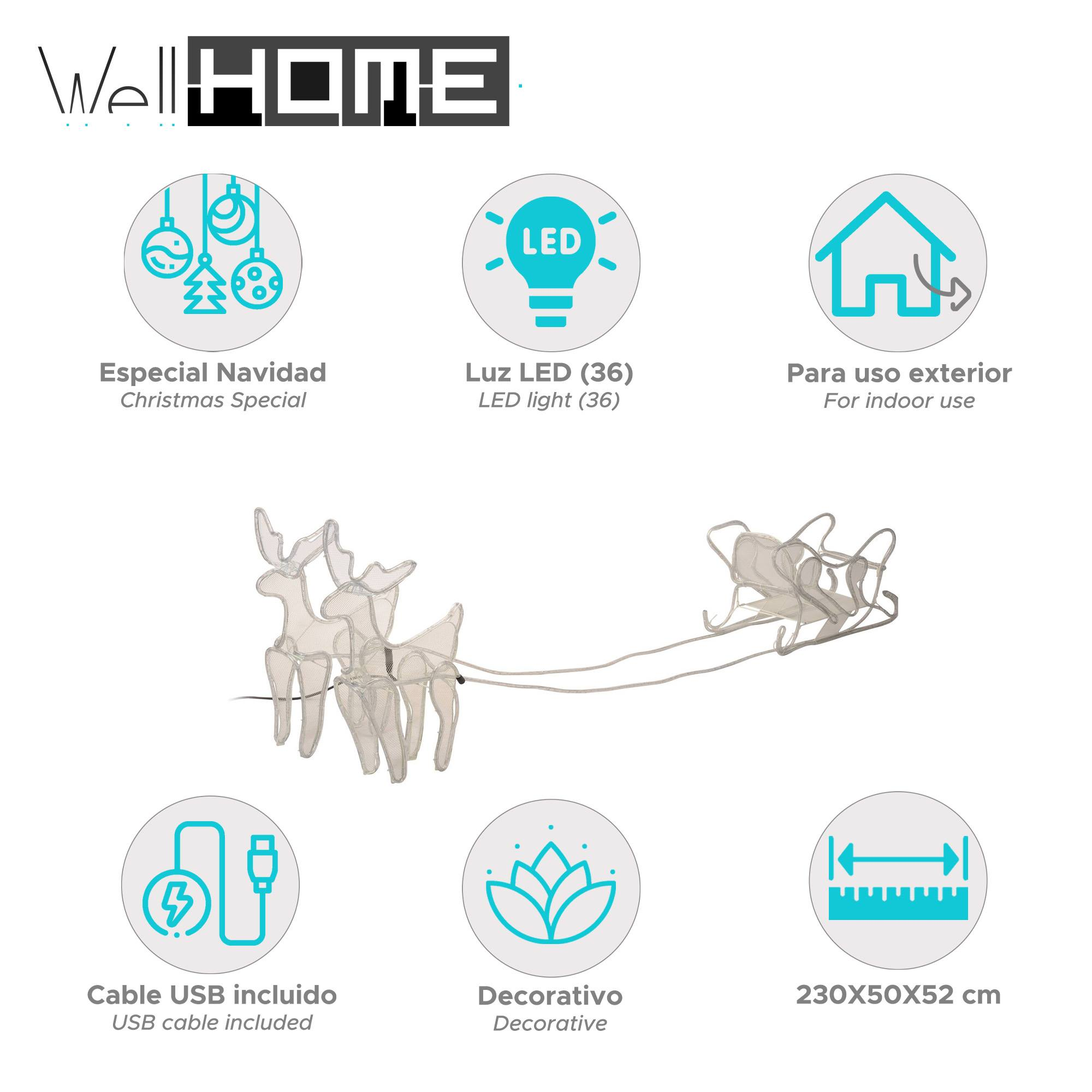 Luces navideñas de renos blancos con trineo, cable USB y dimensiones 230x50x52 cm. Texto en español e inglés.