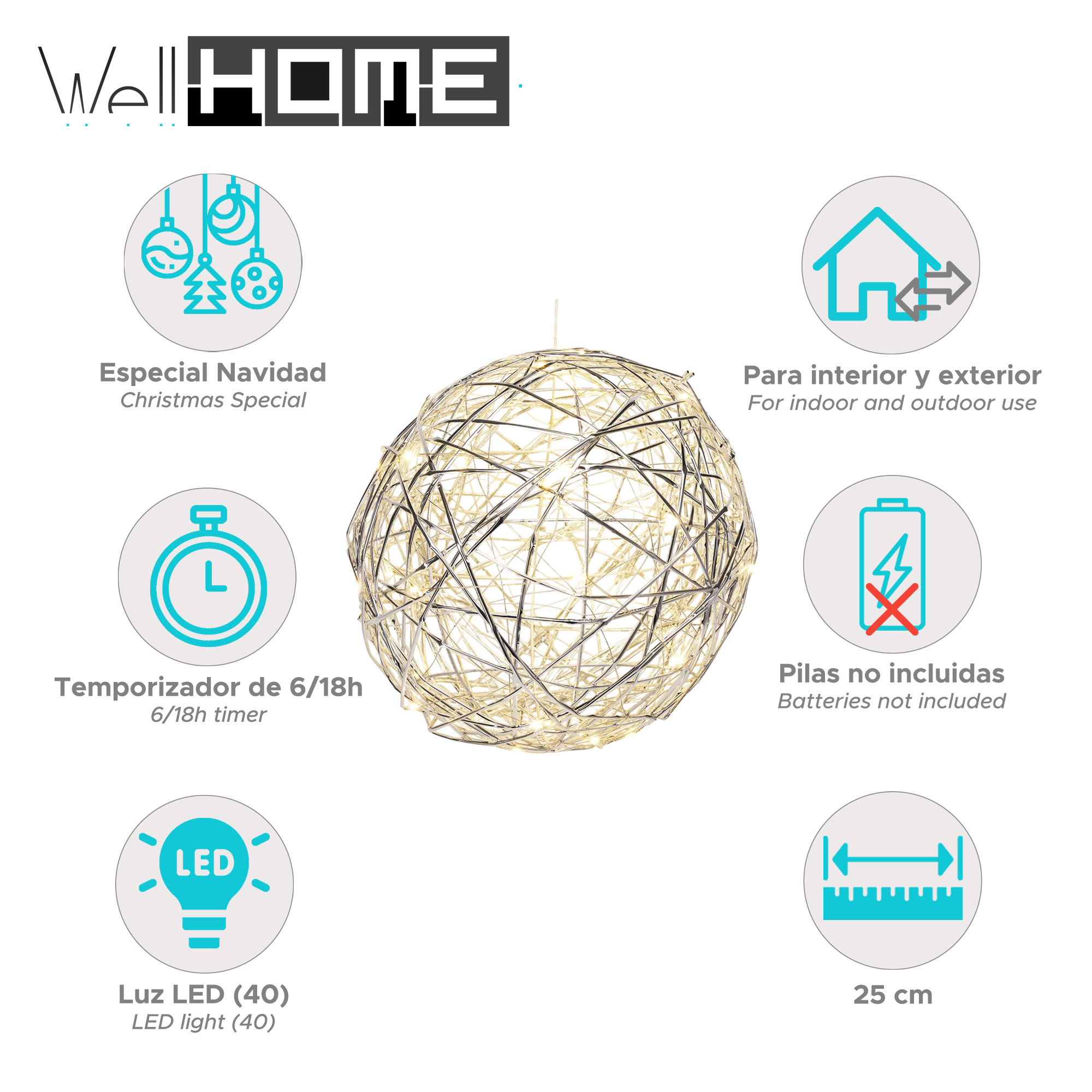 Una esfera de luces navideñas. El texto incluye: luz LED, temporizador, uso interior/exterior, pilas no incluidas y 25 cm.