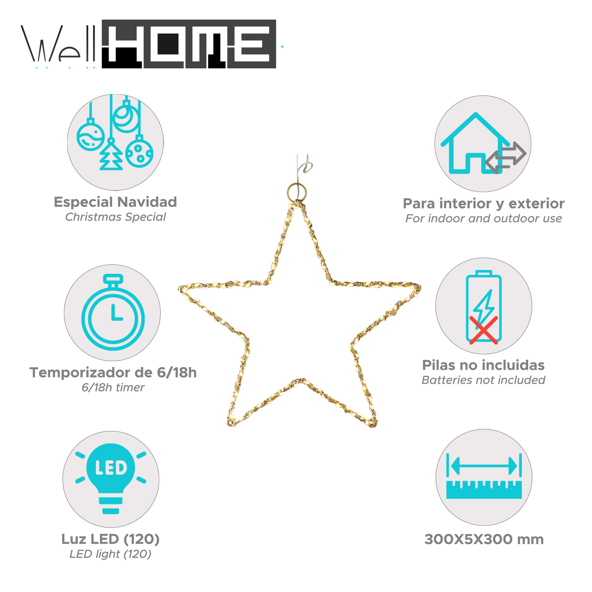 Una decoración navideña en forma de estrella con luces LED. Tiene un temporizador y es apta para uso interior y exterior.