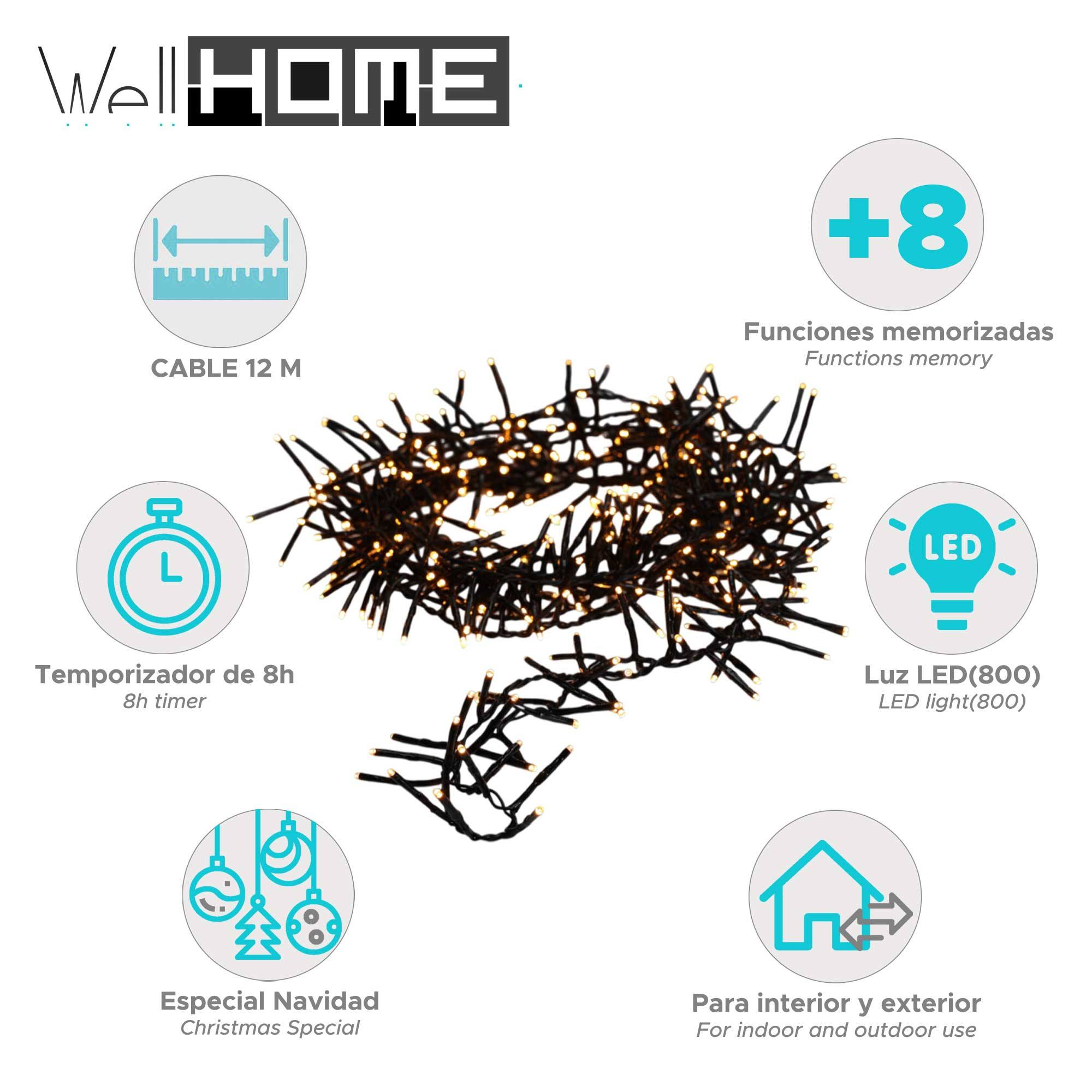 Imagen del producto con luces navideñas, longitud del cable, temporizador, luz LED e información de uso interior/exterior.