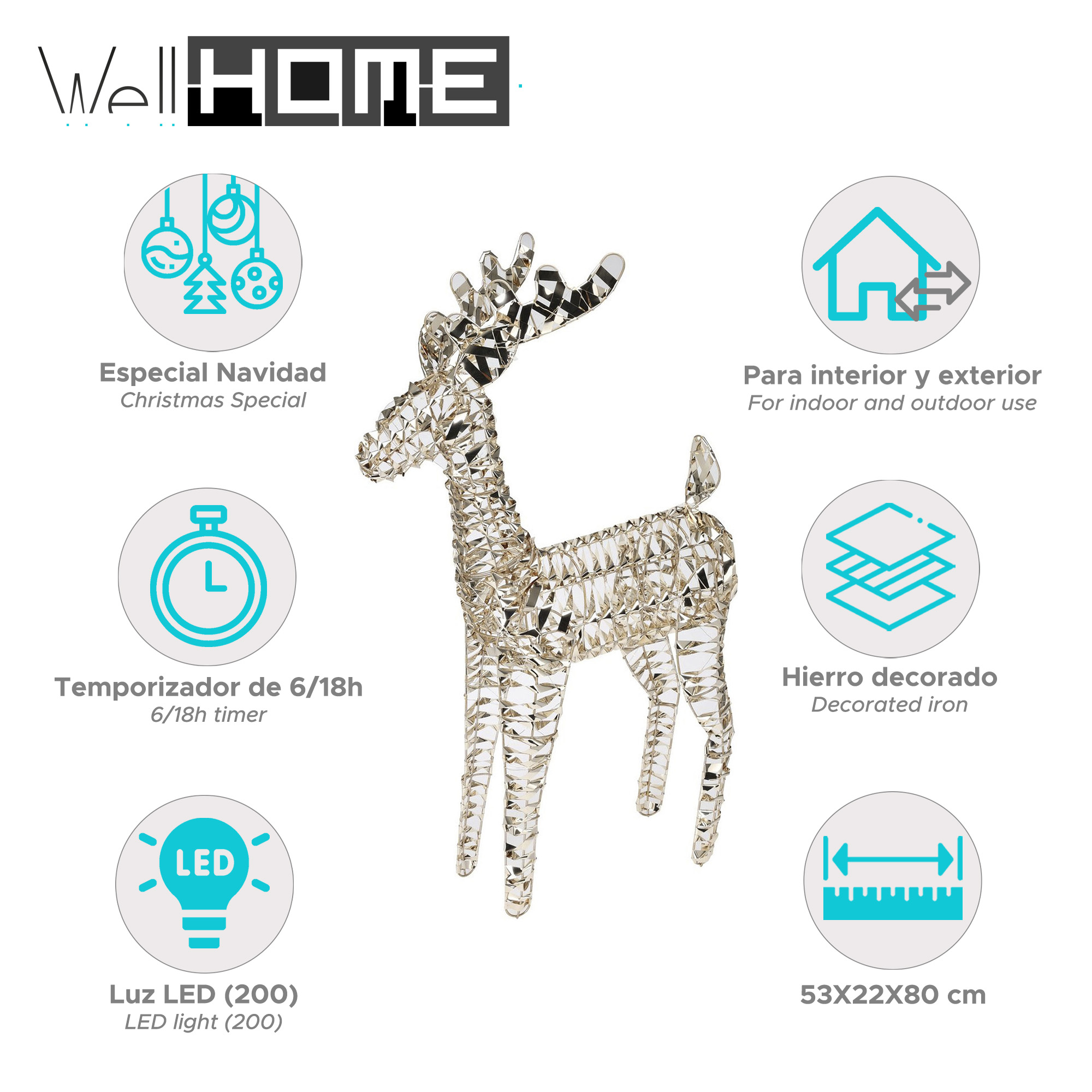Un reno decorativo de cristal con luces LED. Es de temática navideña, para uso interior/exterior y tiene temporizador.