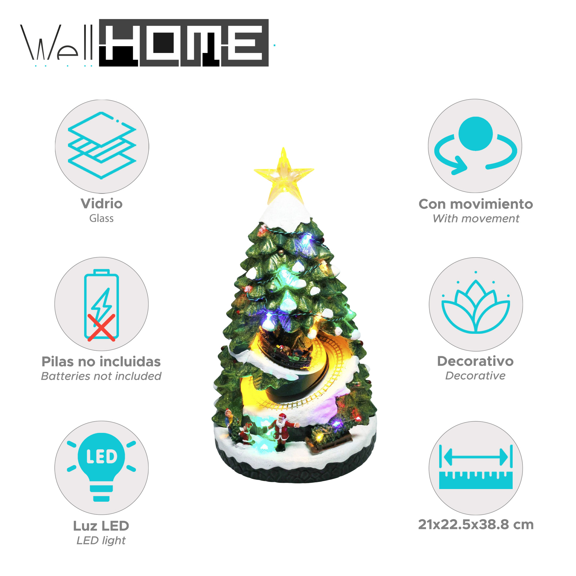 Una decoración de árbol de Navidad con luces, una estrella y un tren que da vueltas alrededor de la base. Papá Noel y niños son visibles.