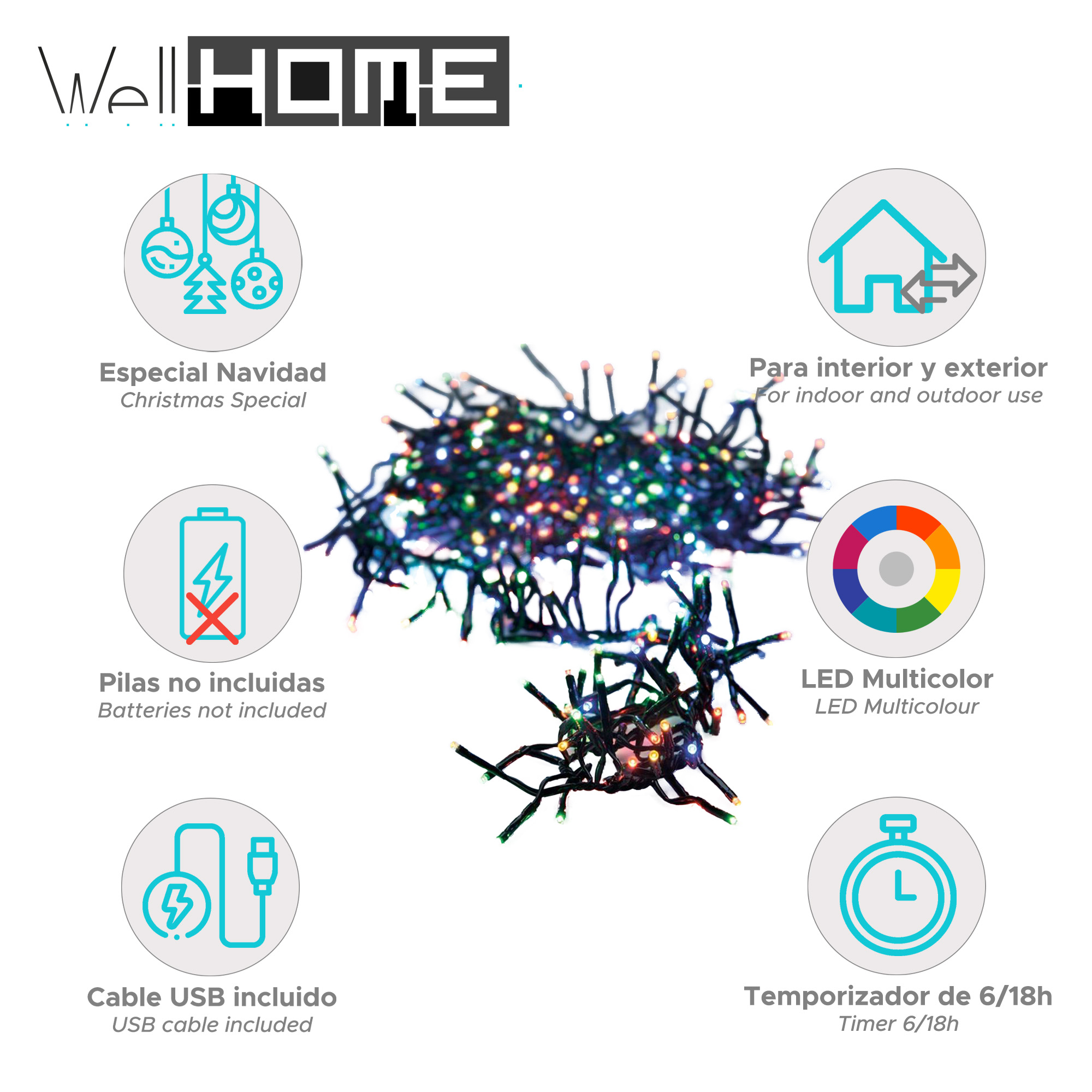 Luces navideñas con múltiples iconos, incluyendo una casa, temporizador y cable USB.