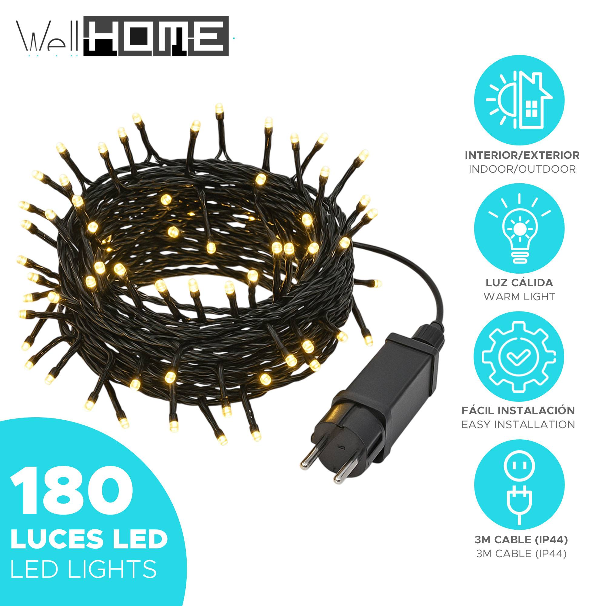 Imagen de luces de cadena. El texto incluye: 180 luces LED, interior/exterior, luz cálida, fácil instalación y cable de 3M (IP44).