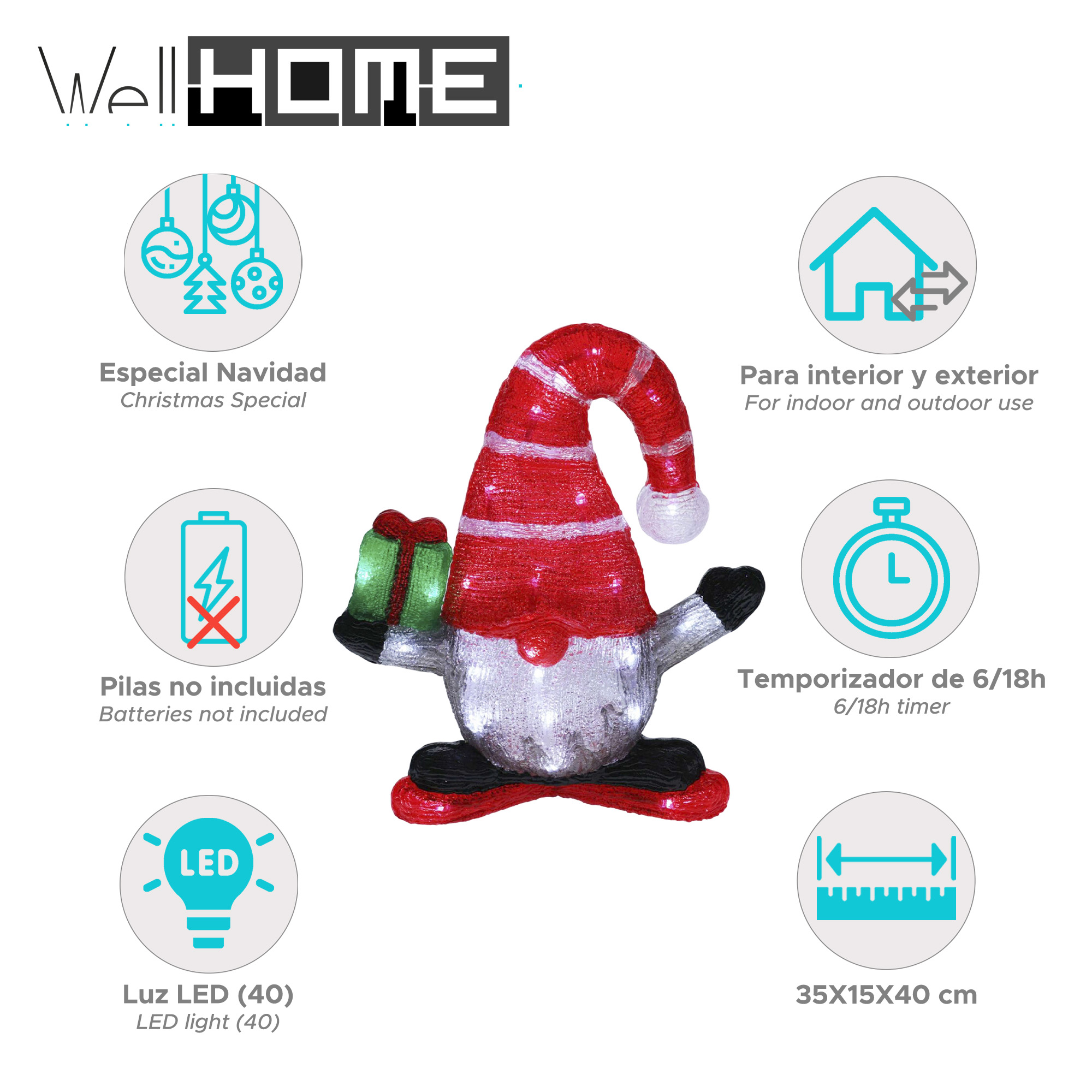 Una decoración de gnomo navideño con gorro rojo, sosteniendo un regalo. Tiene luces LED y es para uso interior y exterior.