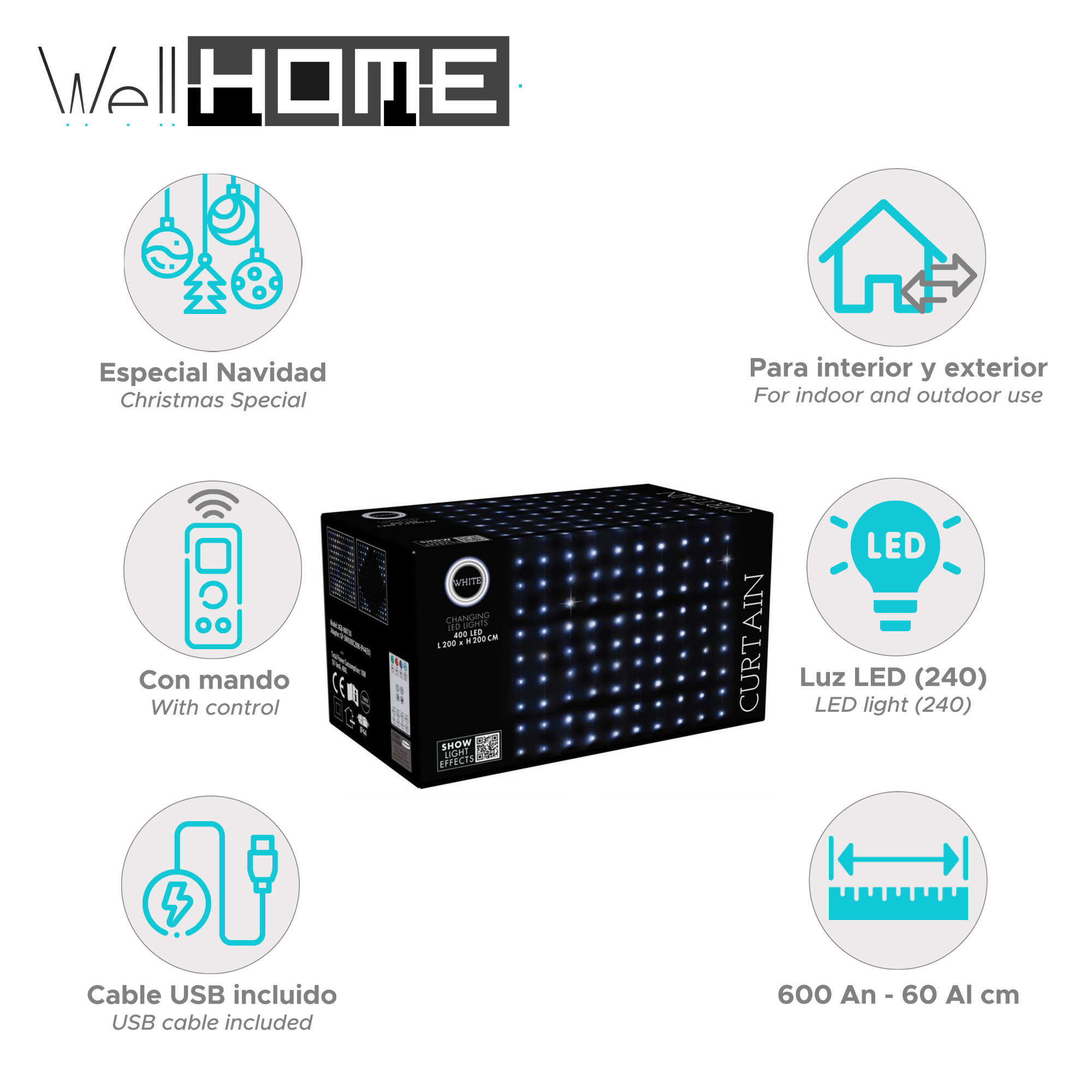 Caja de producto con texto e iconos de luces navideñas. Incluye mando a distancia, cable USB y medidas.