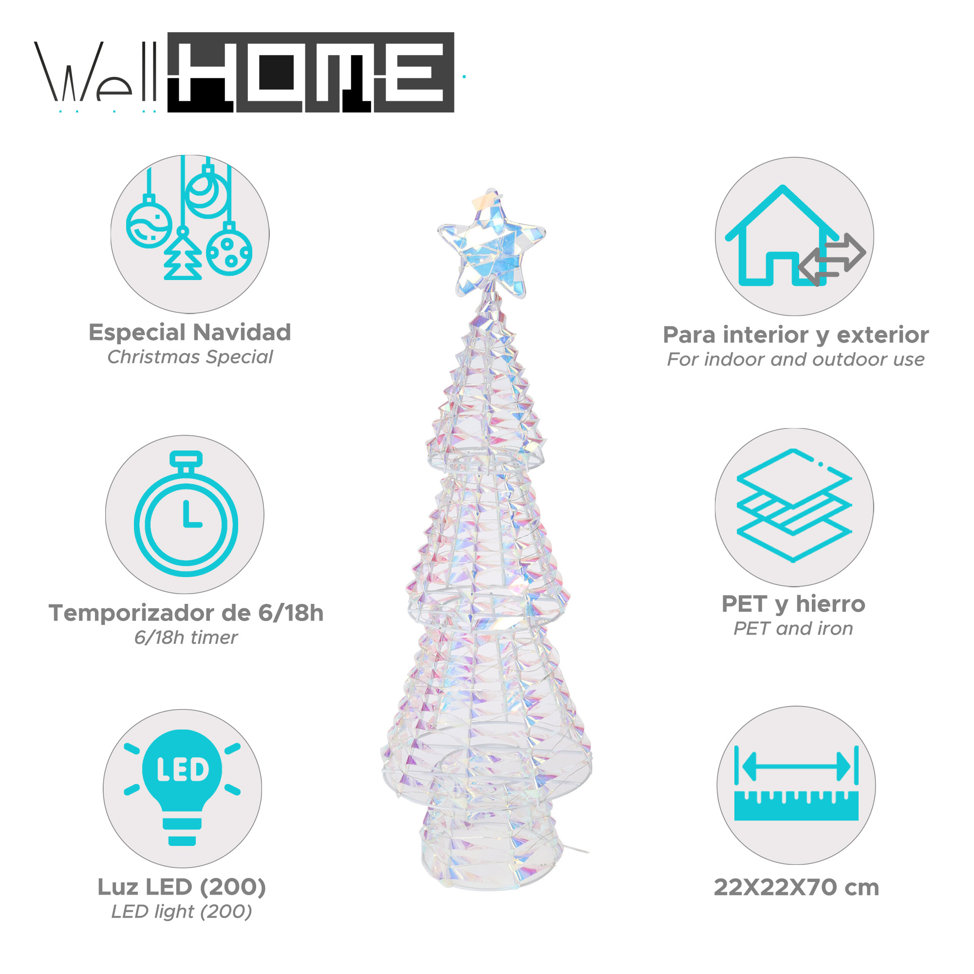 Un árbol de Navidad decorativo de plástico transparente. Tiene una estrella en la parte superior y está iluminado con luces LED.