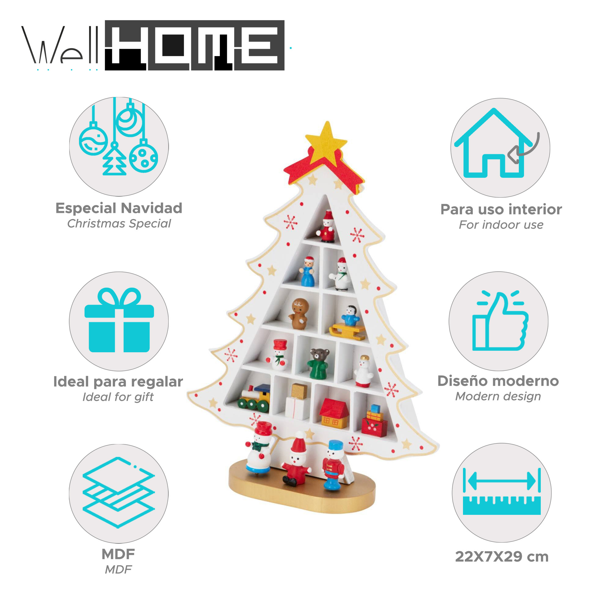 Estante en forma de árbol de Navidad con figuras y decoraciones en miniatura. Blanco con detalles rojos y dorados. Incluye etiquetas de texto.