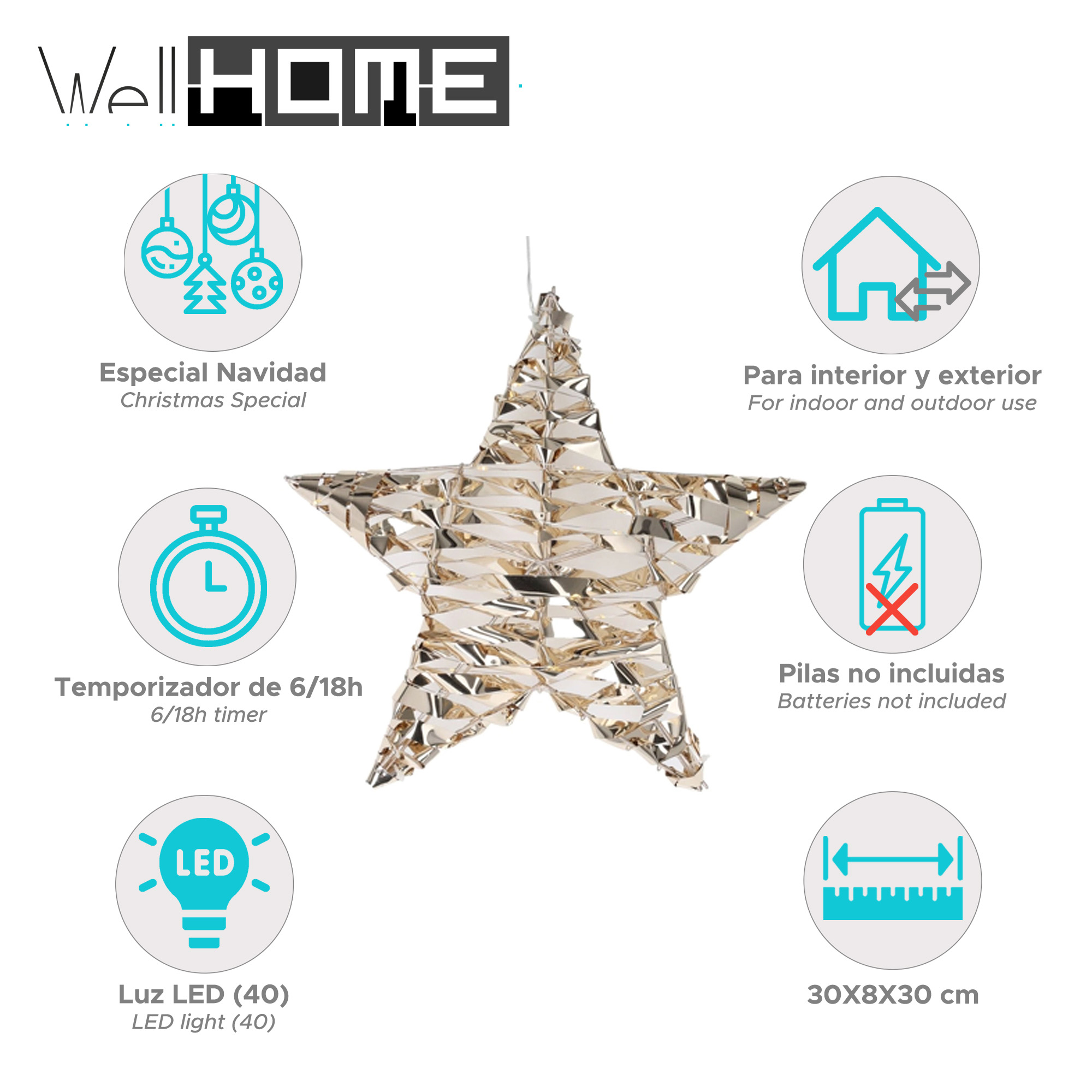 Una decoración navideña dorada en forma de estrella con etiquetas de texto. La imagen es para uso interior y exterior.