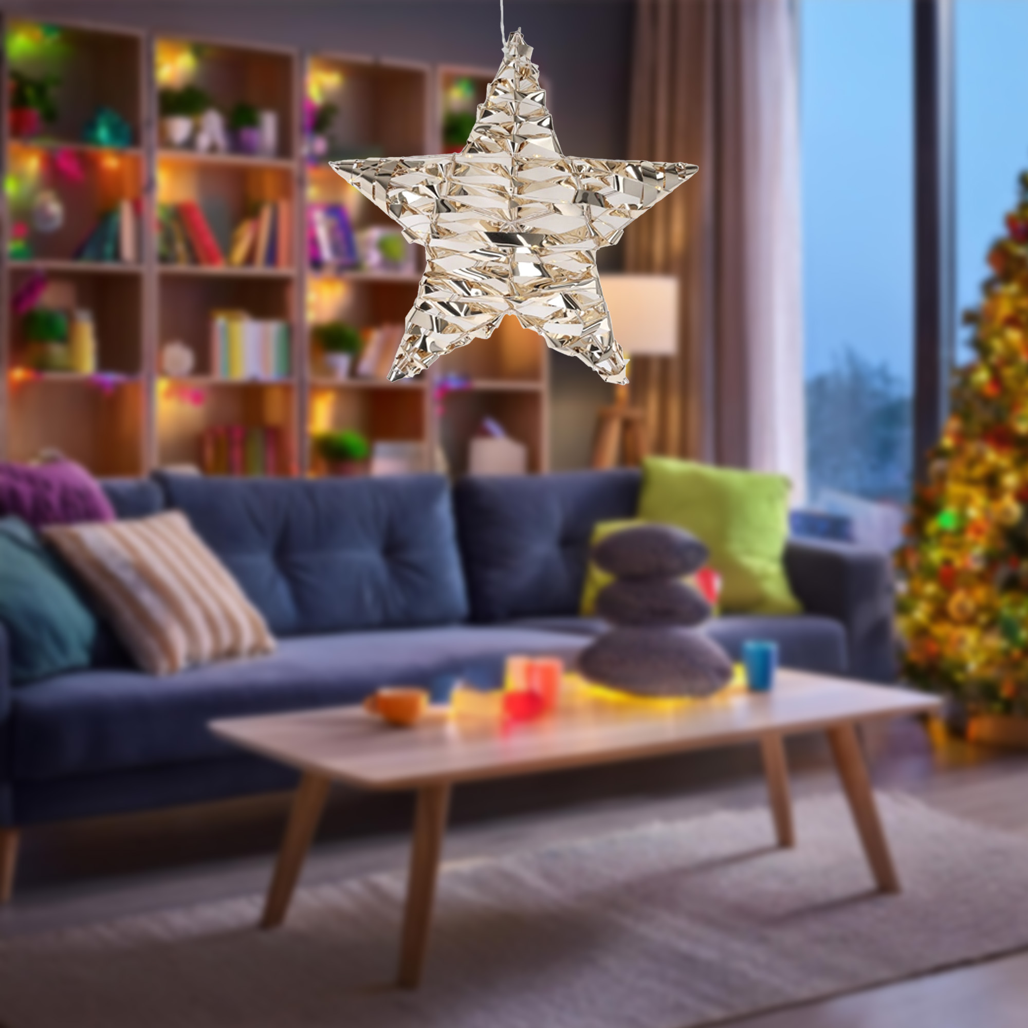 Un adorno en forma de estrella cuelga en una sala de estar. Un sofá, una mesa de centro y un árbol de Navidad están al fondo.