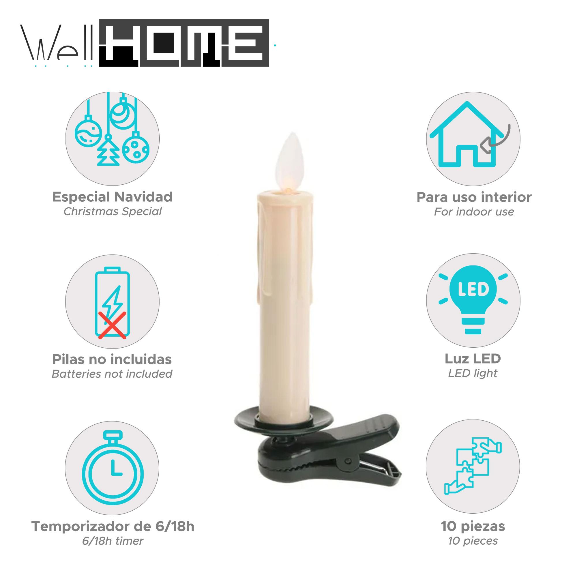 Una luz LED con forma de vela y clip. Tiene iconos que indican funciones como temporizador, uso interior y baterías.