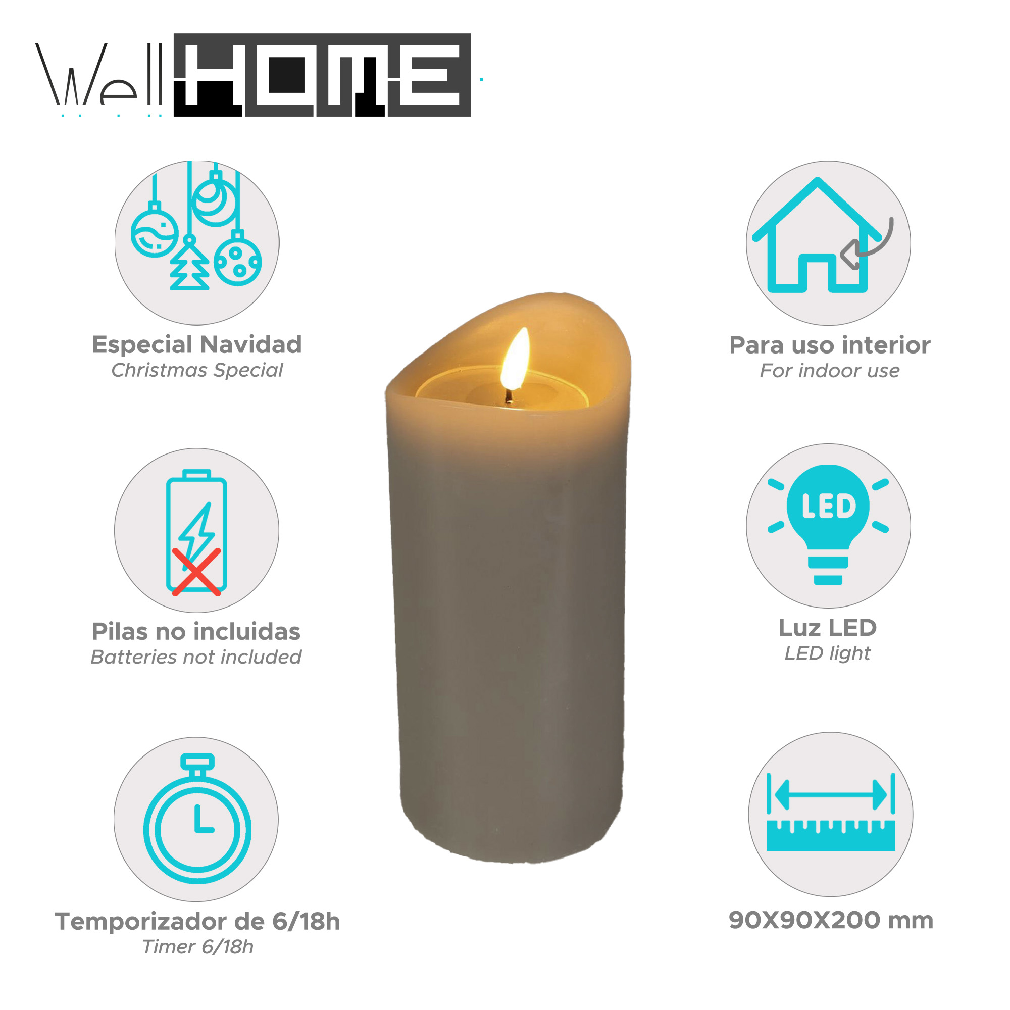 Una vela LED grande, blanquecina, con una llama encendida, rodeada de iconos con texto en español e inglés.