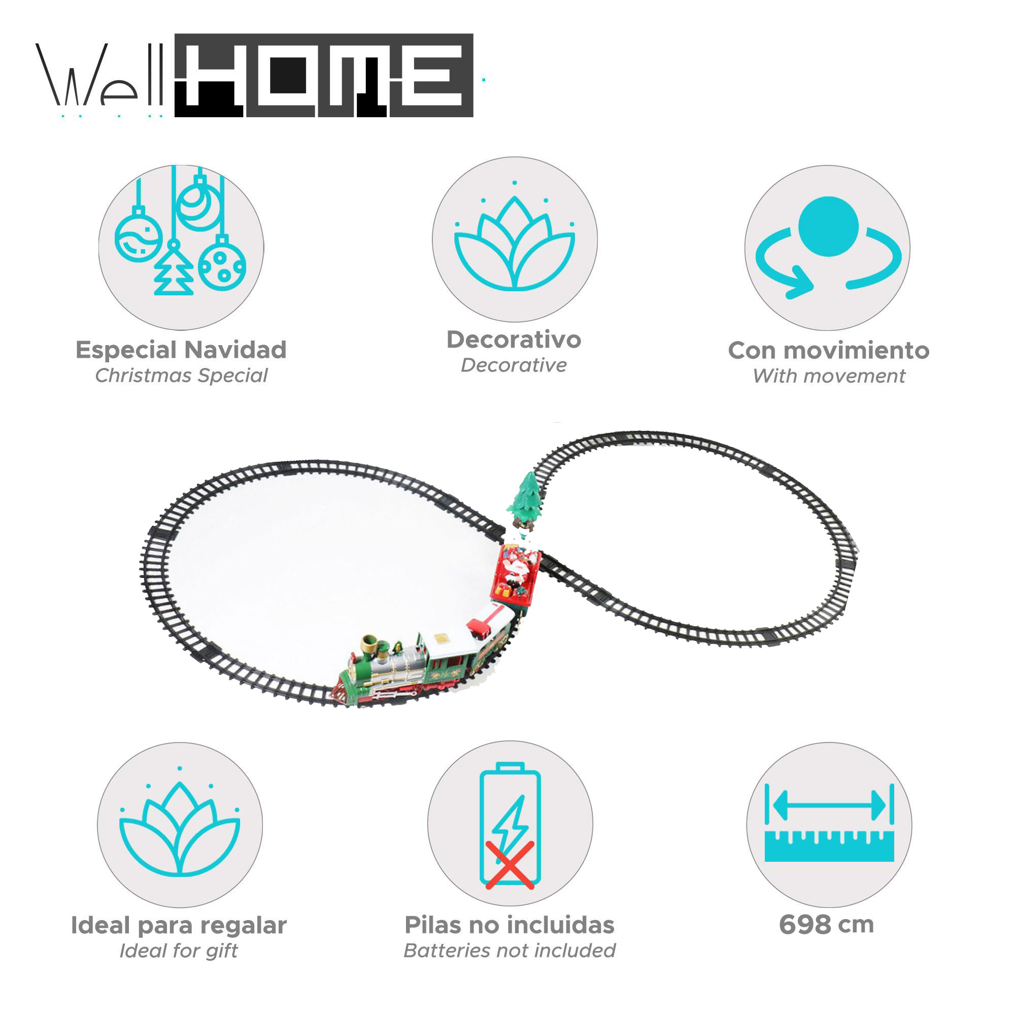 Un juego de trenes de juguete con una vía y temática navideña. Tiene un tren, un árbol de Navidad y etiquetas de texto.