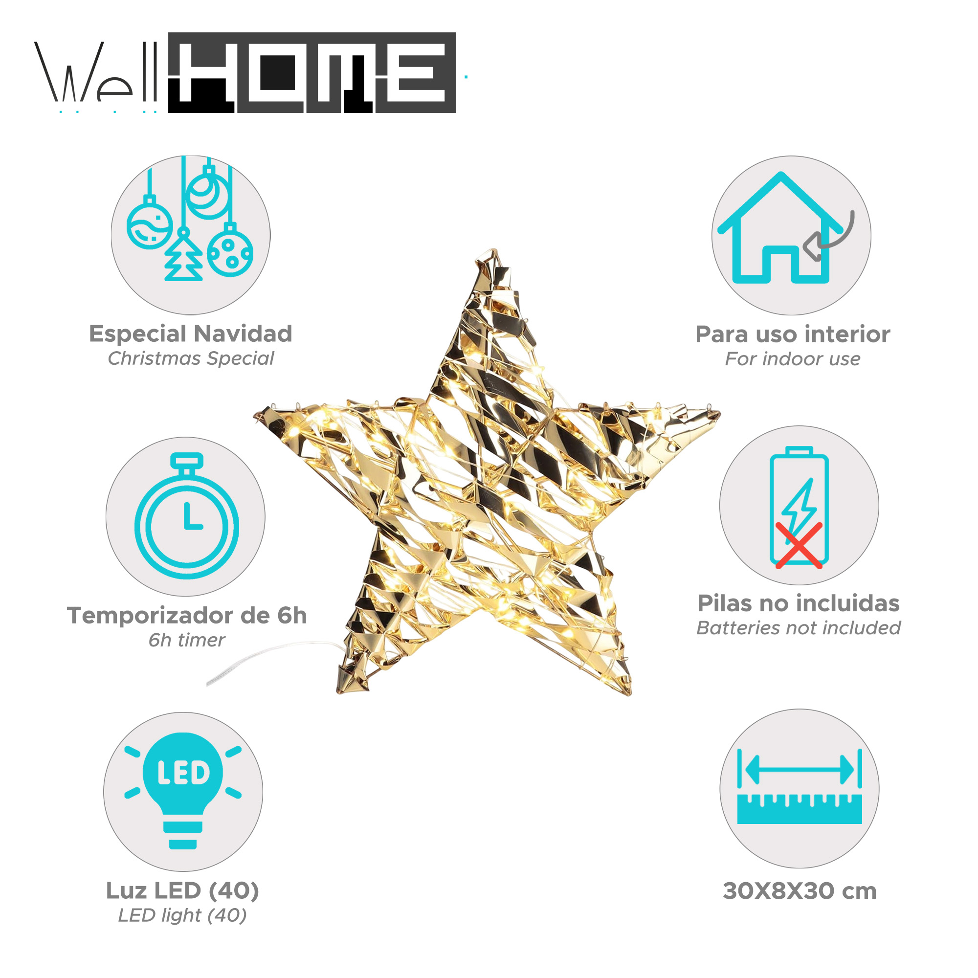Una decoración navideña dorada en forma de estrella con etiquetas de texto e iconos. Es para uso interior, tiene un temporizador de 6 horas y luces LED.