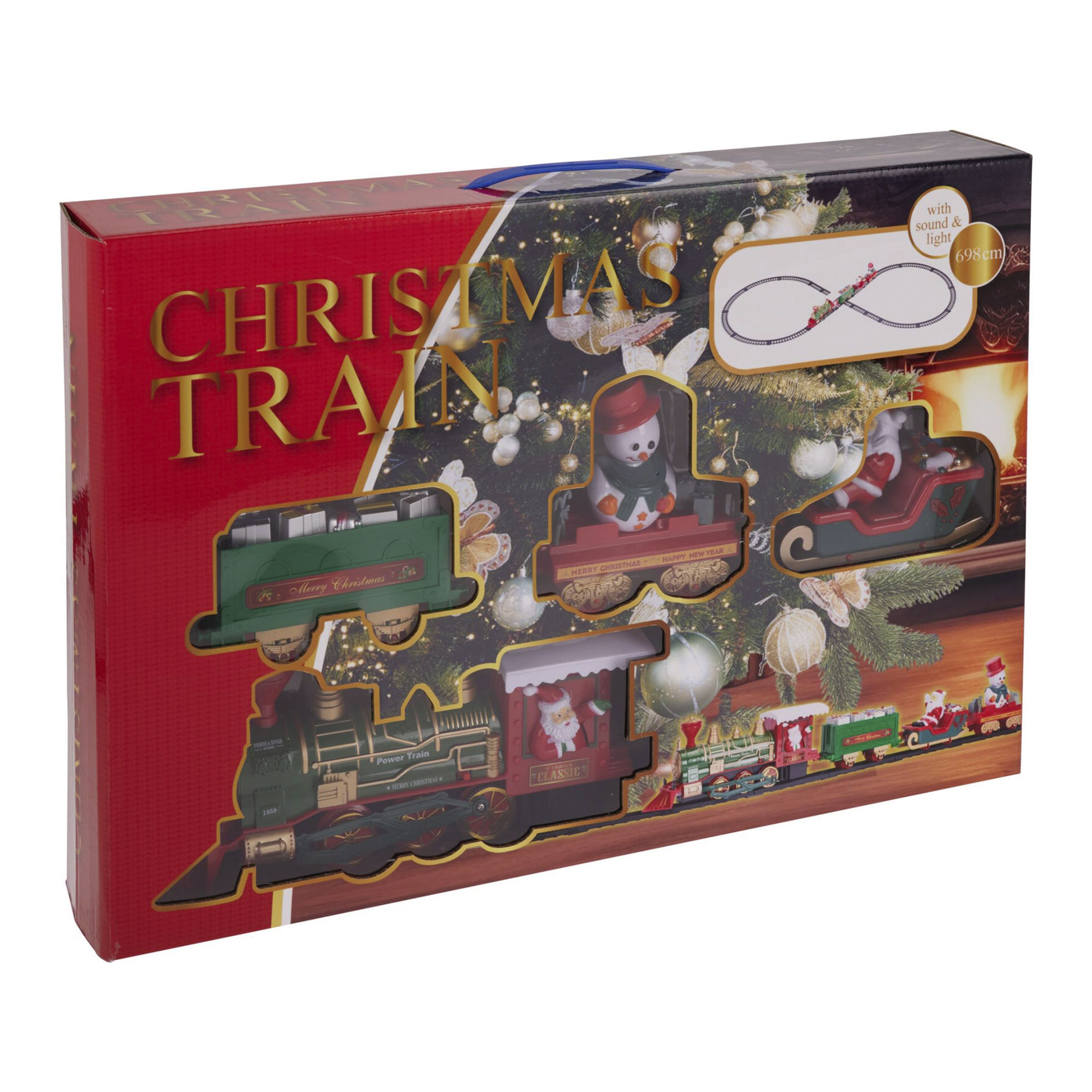 Una caja de juego de tren navideño. Presenta un tren, un muñeco de nieve, Papá Noel y una vía. La caja es roja, con un fondo de árbol de Navidad.