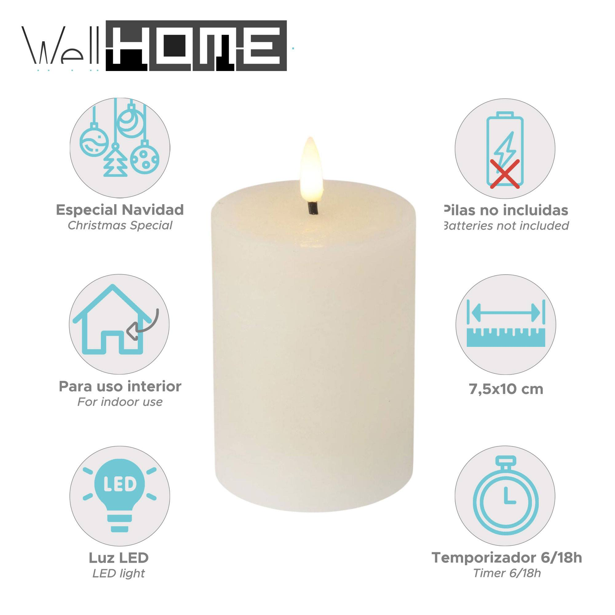 Una vela LED blanca con una llama parpadeante. Varios iconos indican funciones como temporizador, luz LED y especial de Navidad.