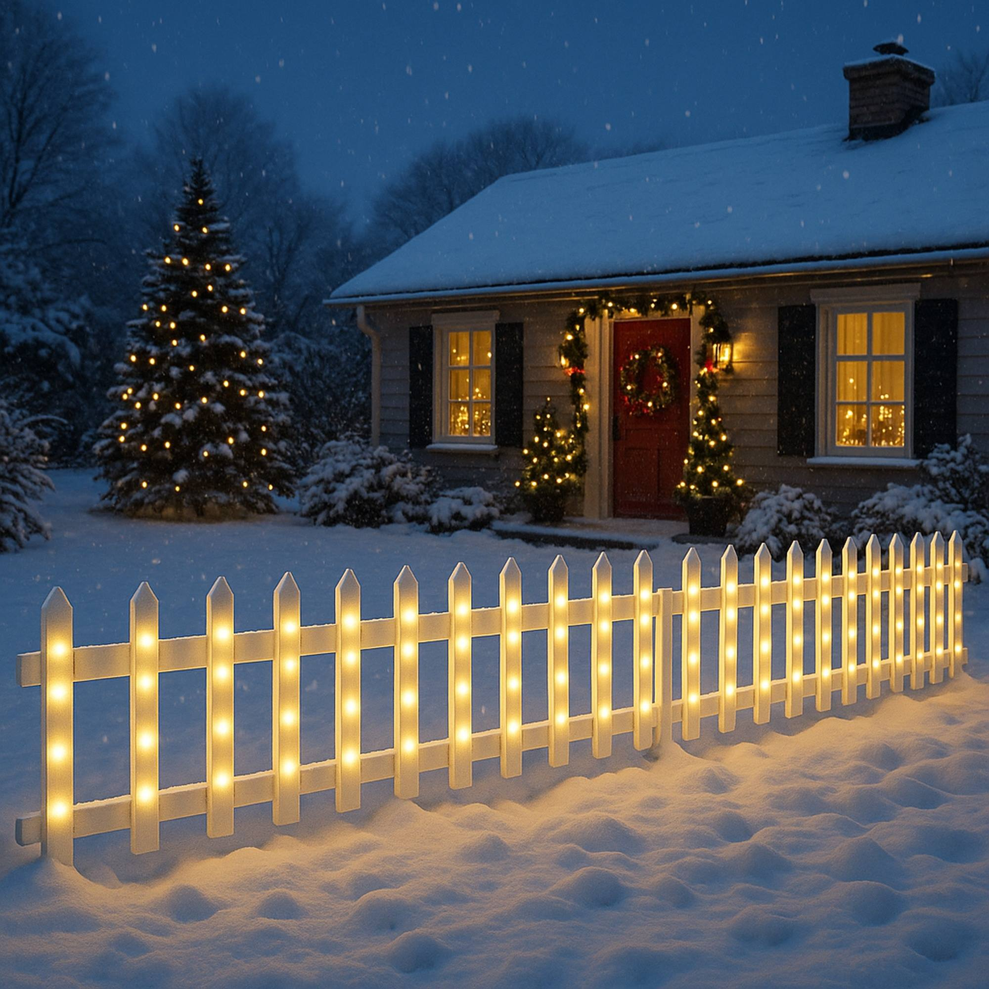 Escena nevada con una casa. Una valla blanca con luces delante. Se ven un árbol de Navidad y decoraciones.