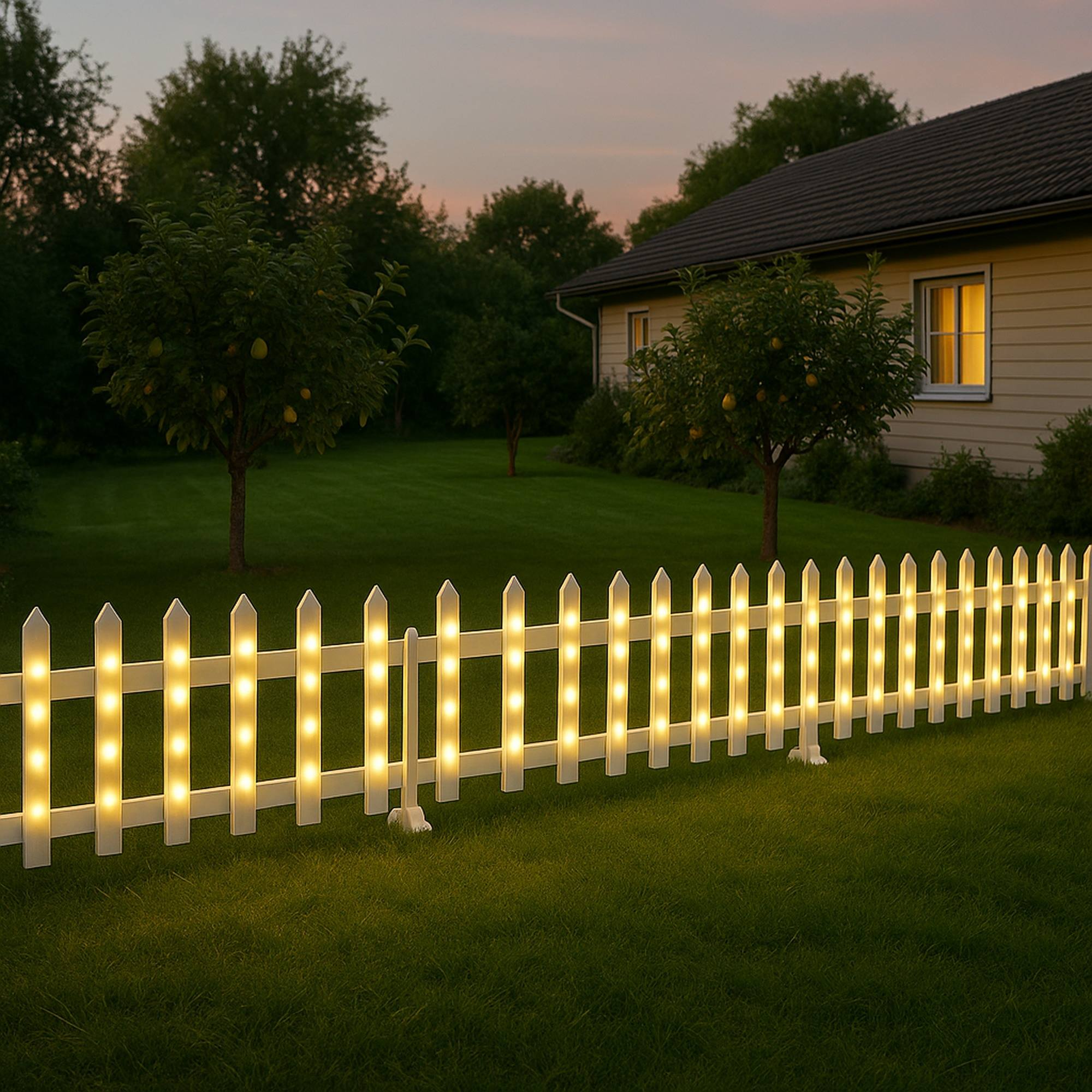 Una valla blanca con luces, césped, árboles y una casa con ventanas iluminadas bajo un cielo crepuscular.