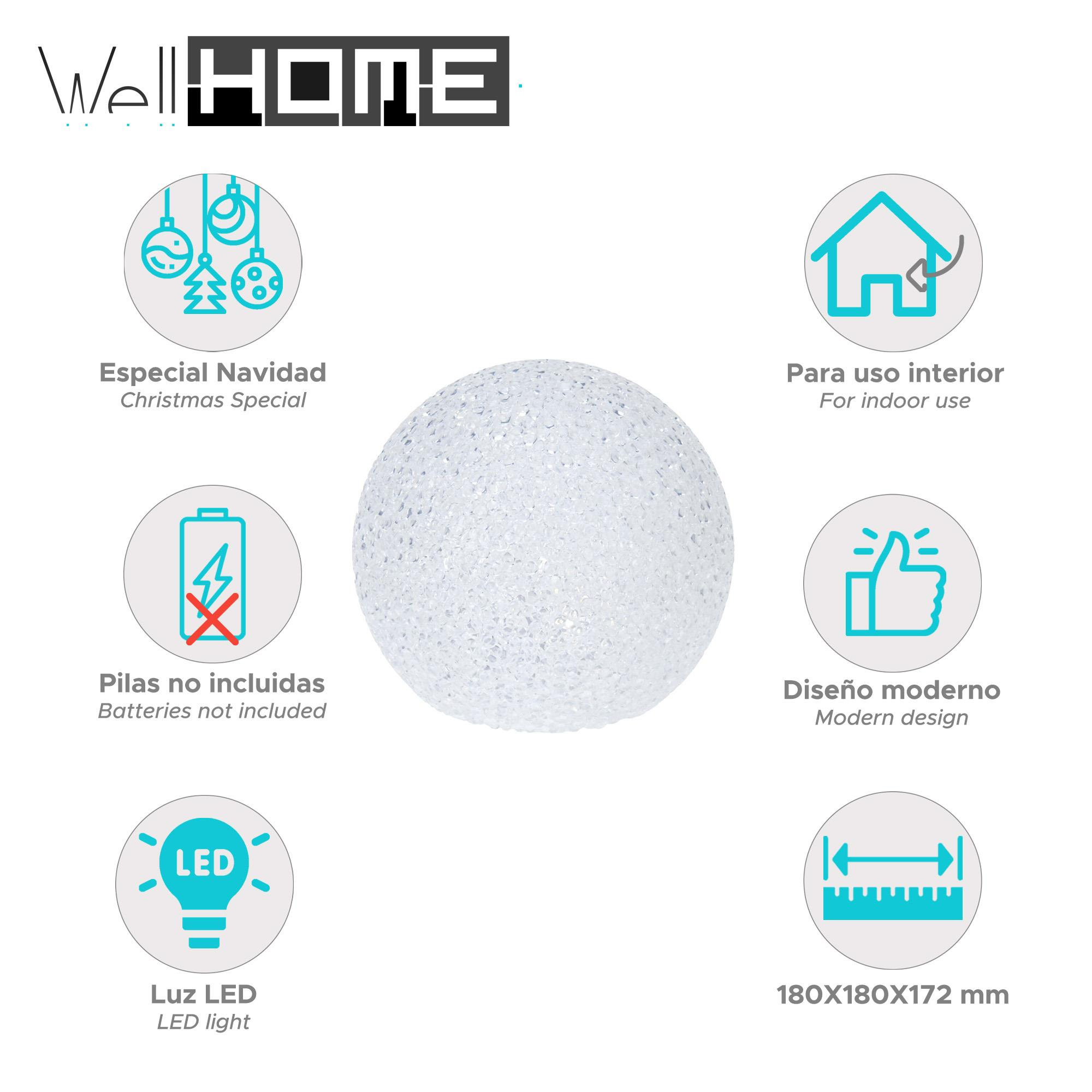 Una esfera clara y texturizada con iconos que indican Navidad, uso en interiores y luz LED. El texto incluye dimensiones y diseño moderno.
