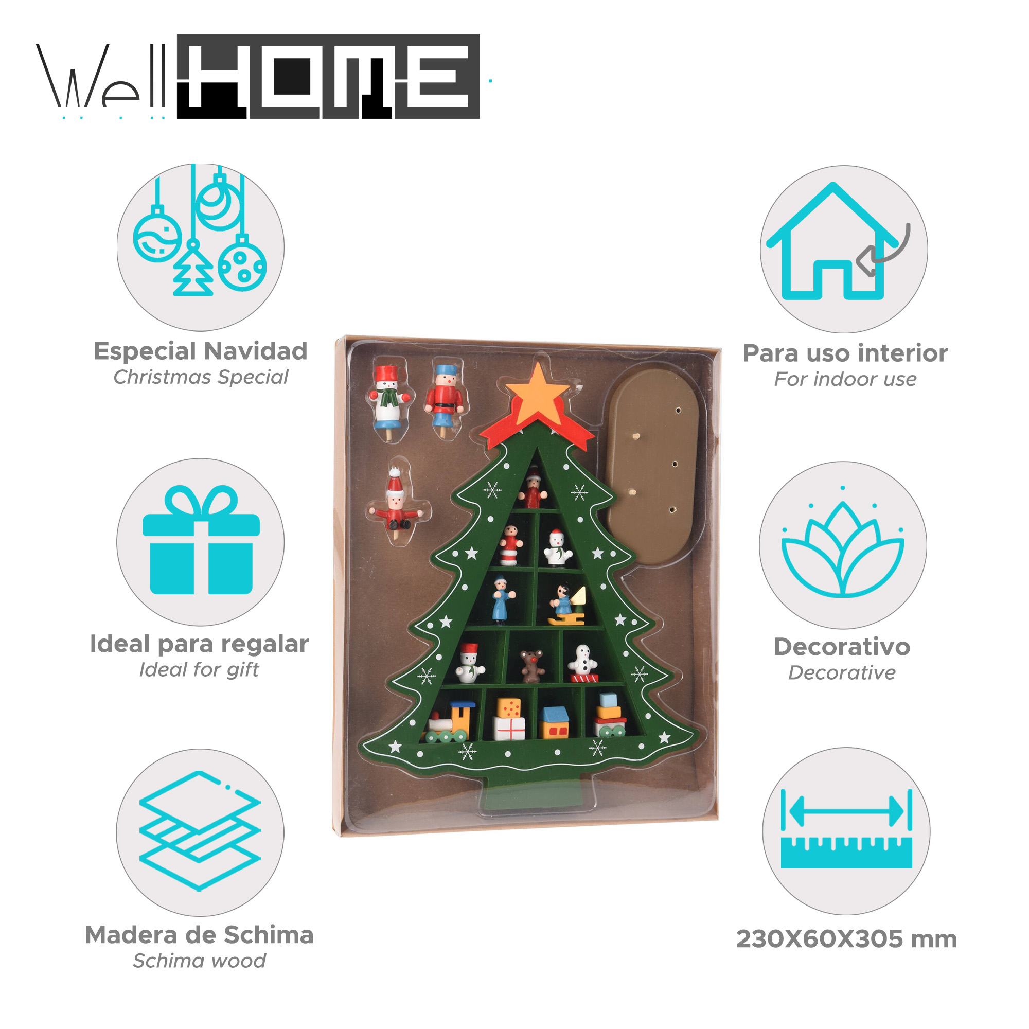 Decoración de árbol de Navidad con pequeñas figuras y adornos. Es verde y tiene una estrella encima, en una caja.