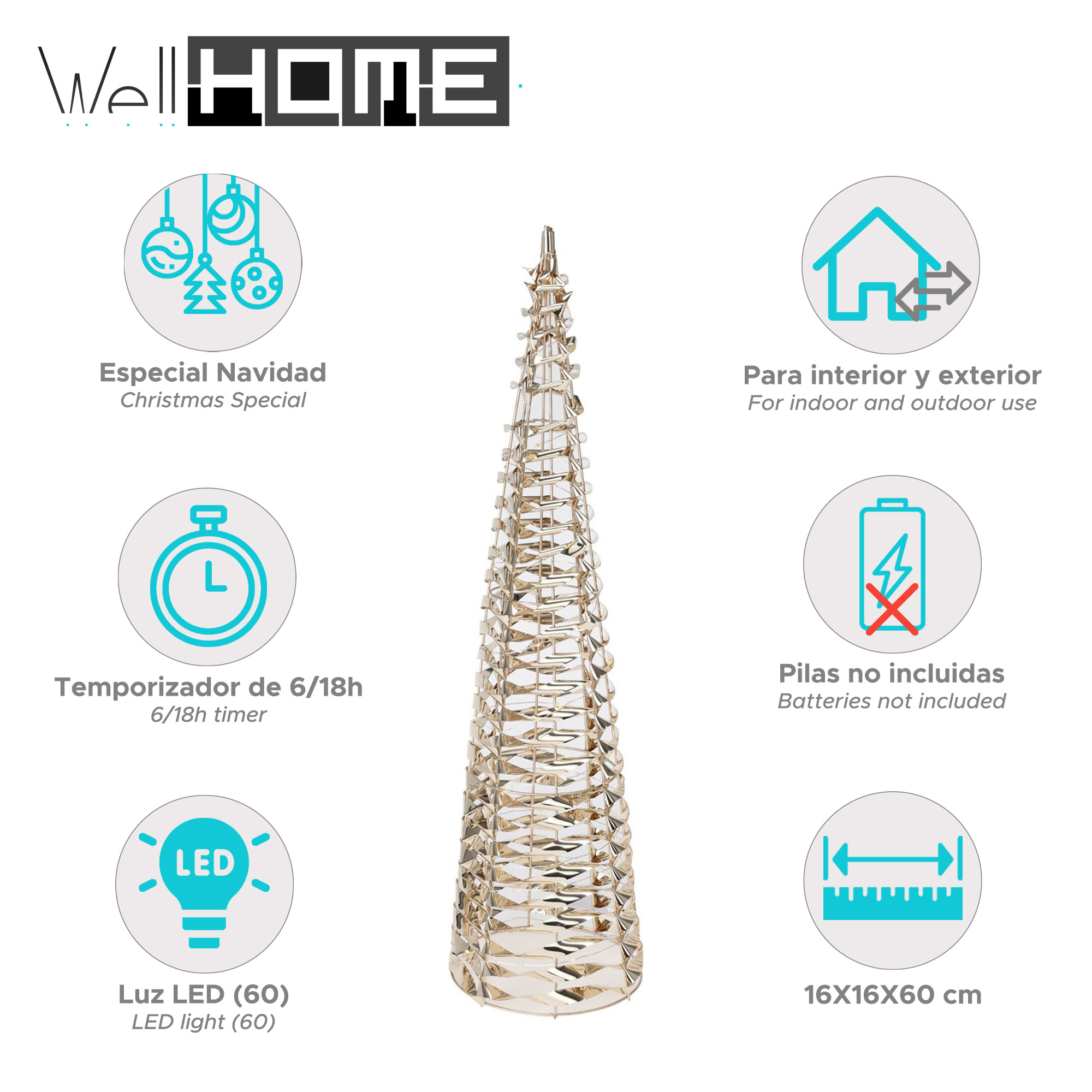 Un árbol de Navidad dorado decorativo con varios iconos que indican características como luz LED, temporizador y uso interior/exterior.