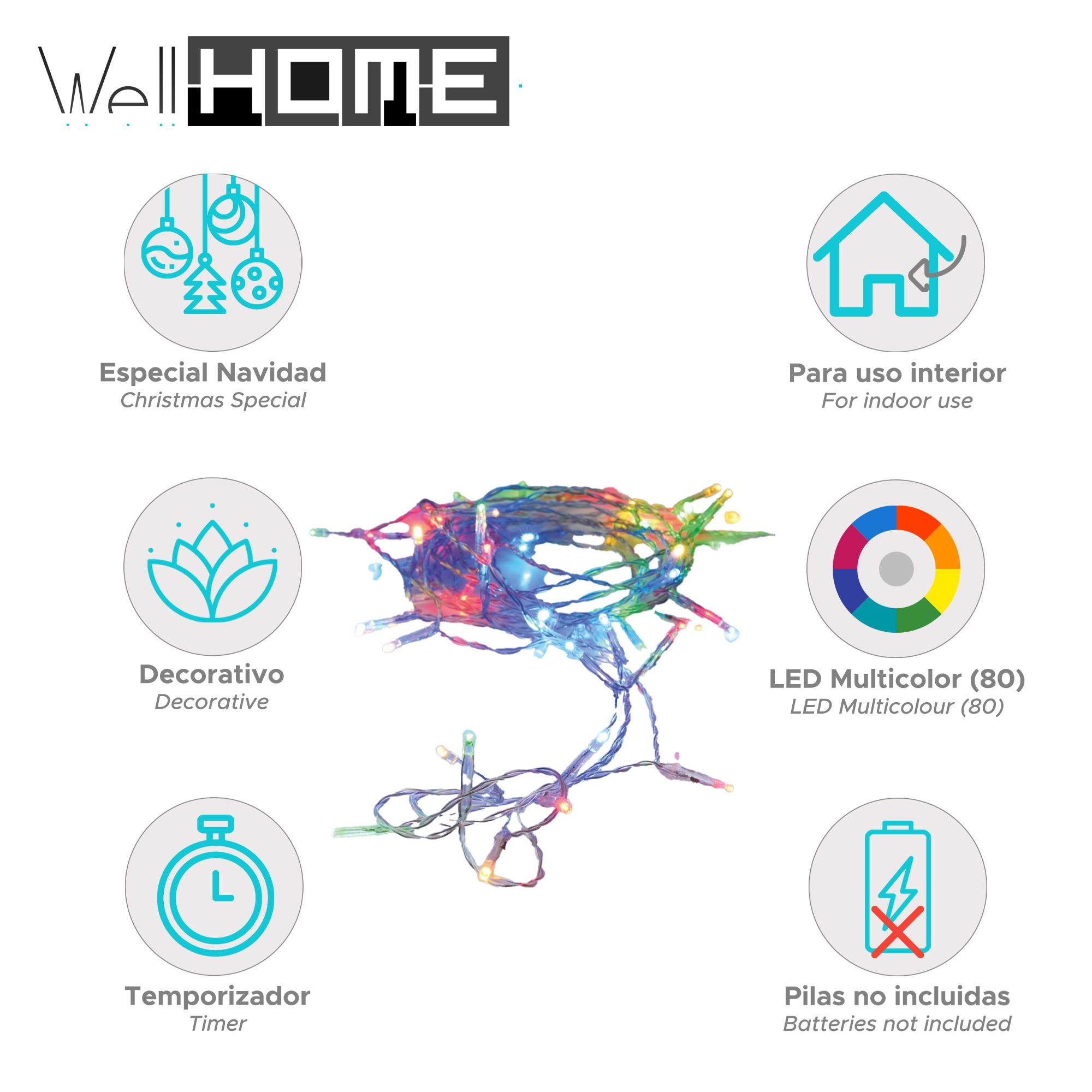 Un juego de luces navideñas con LEDs de colores. Características: temporizador, uso decorativo, interior. Baterías no incluidas.