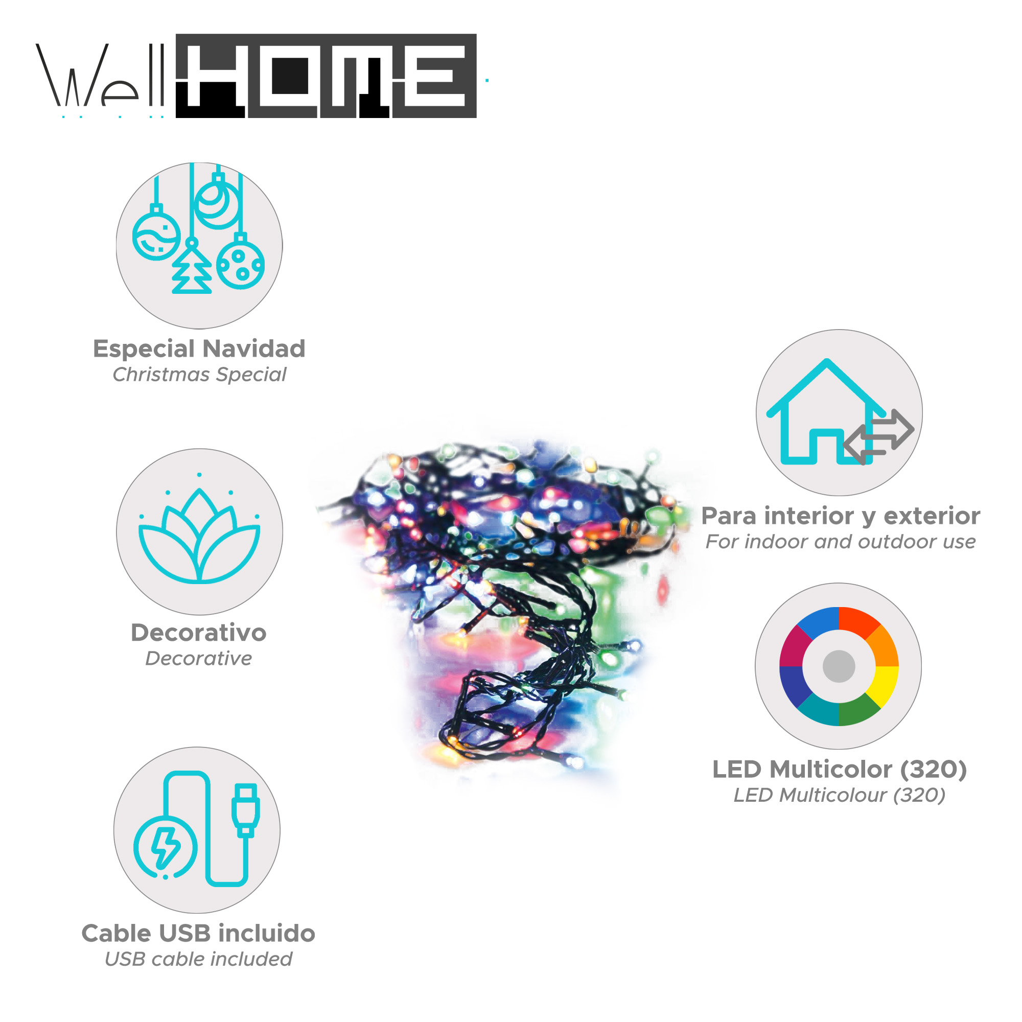 Imagen del producto muestra luces navideñas con iconos y texto, describiendo características como LED multicolor y cable USB.