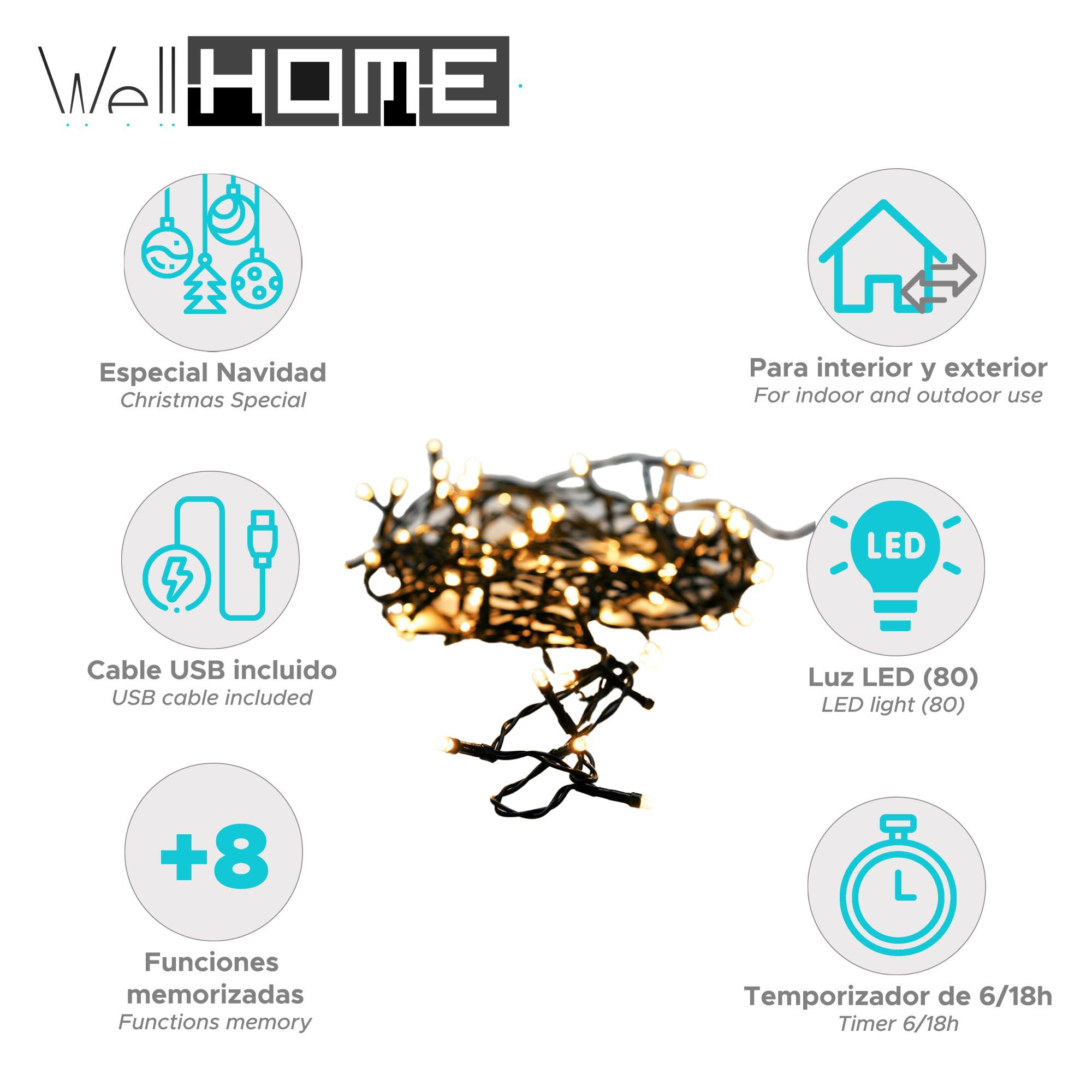 Imagen muestra luces navideñas con iconos para uso interior/exterior, cable USB, 8 funciones de memoria y temporizador.