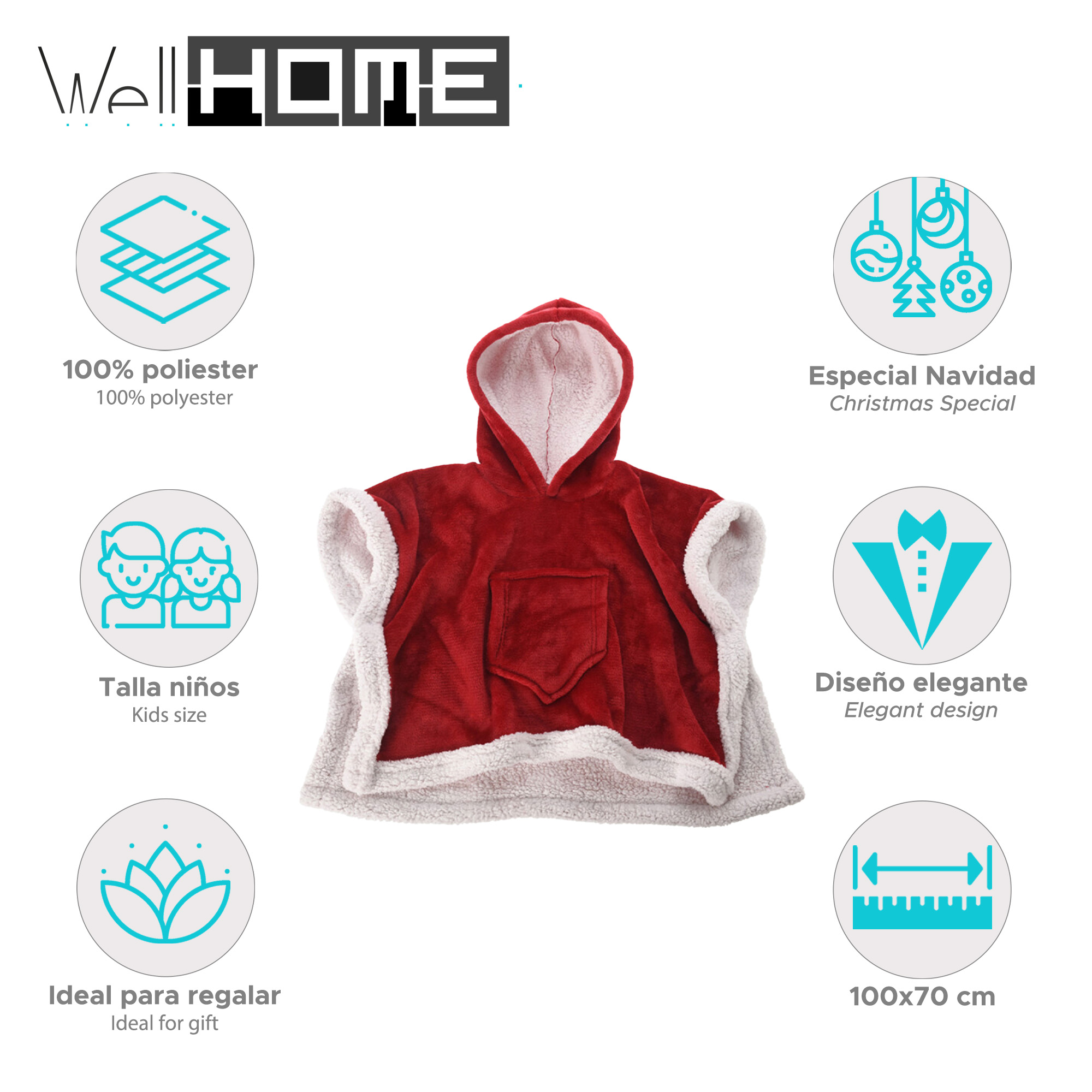 Poncho con capucha rojo y blanco con bolsillo, talla infantil, ideal para regalar, con texto e iconos. 100% poliéster.
