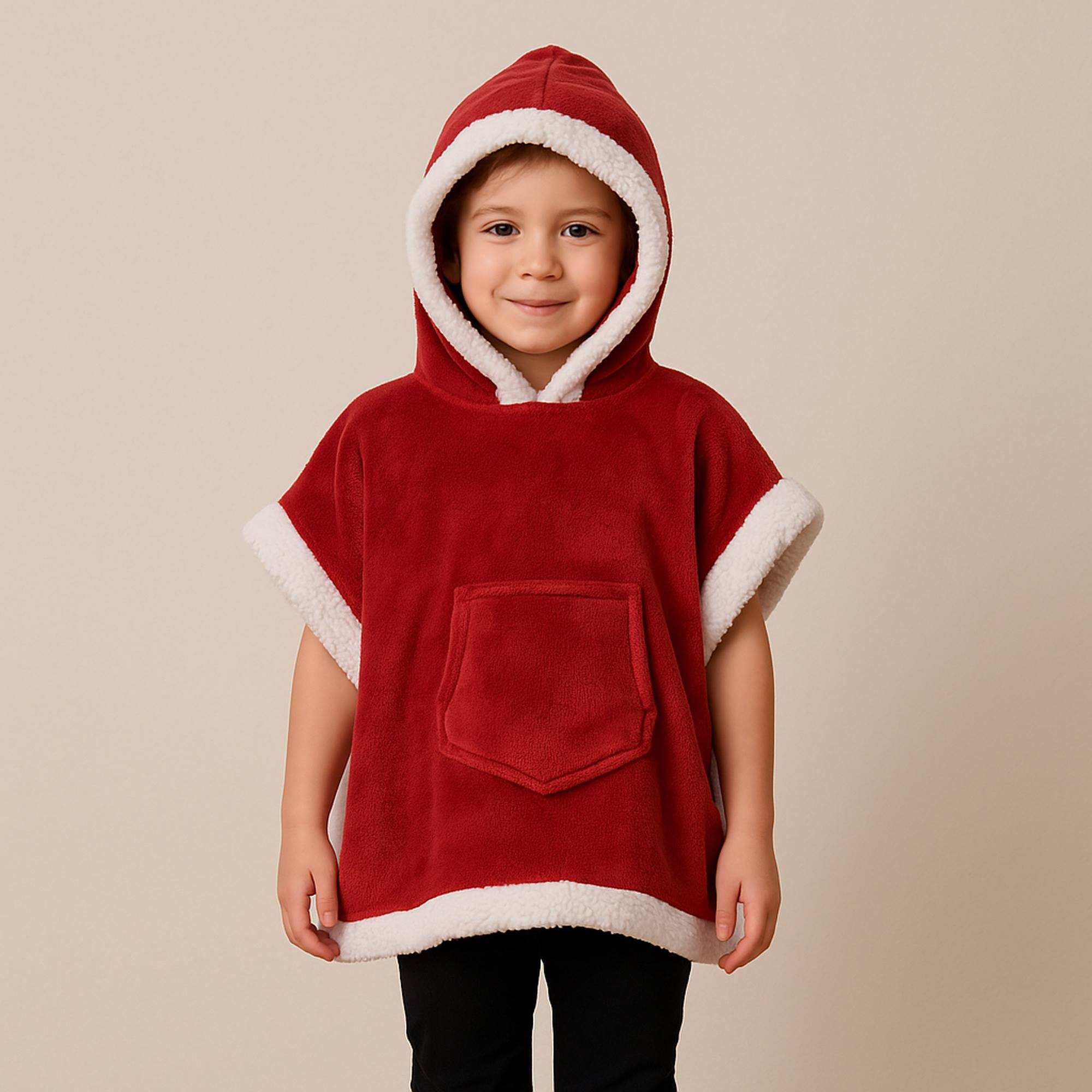 Un niño con un poncho rojo con ribete blanco y capucha. El niño sonríe, pantalón negro, fondo beige.